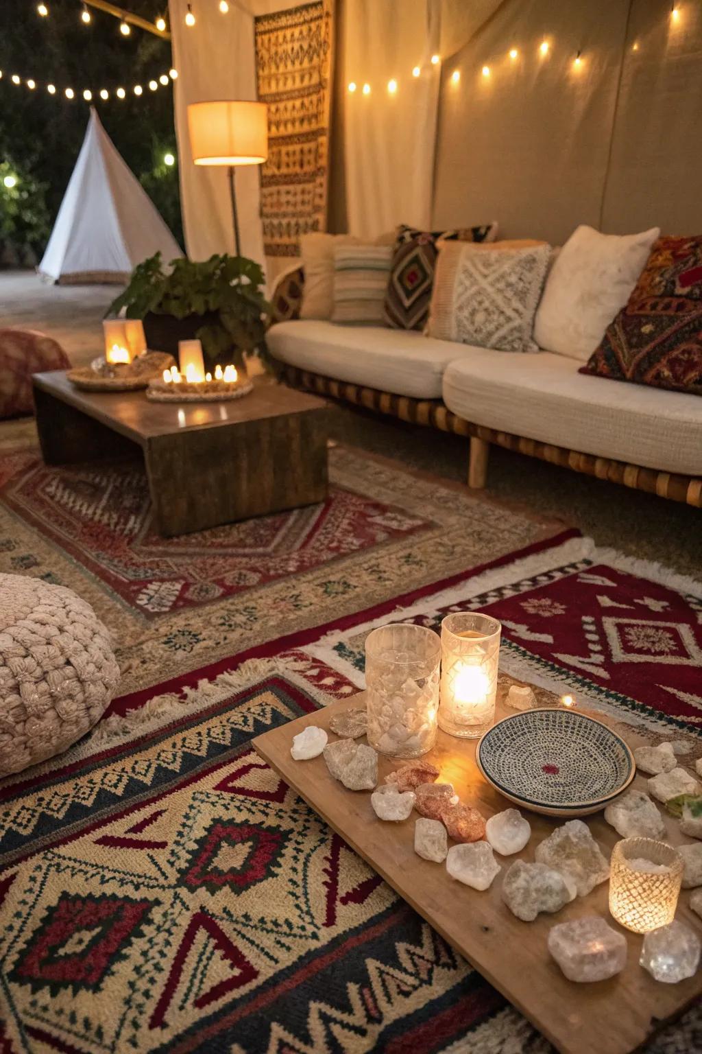 Layering rugs and pillows contributes texture and warmth to your gemstone-decorated room.