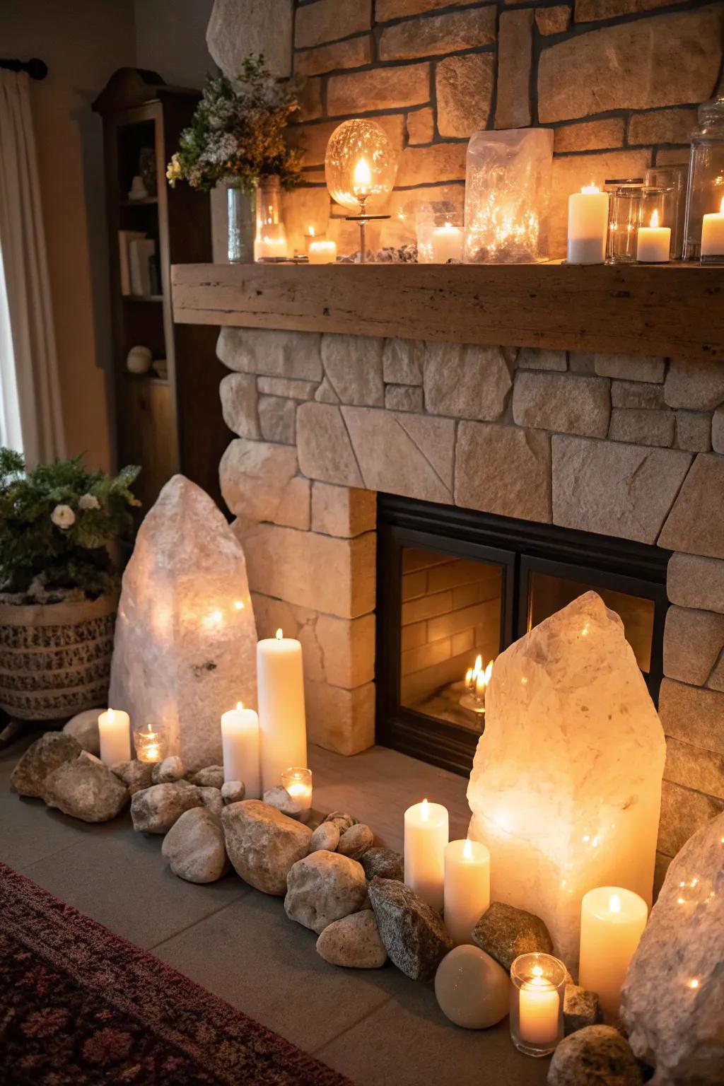 A fireplace transformed into a cozy crystal retreat.