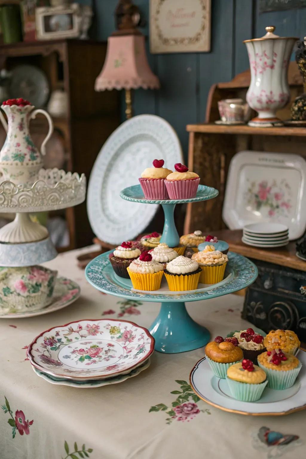 Vintage elements create a nostalgic charm for this cupcake display.