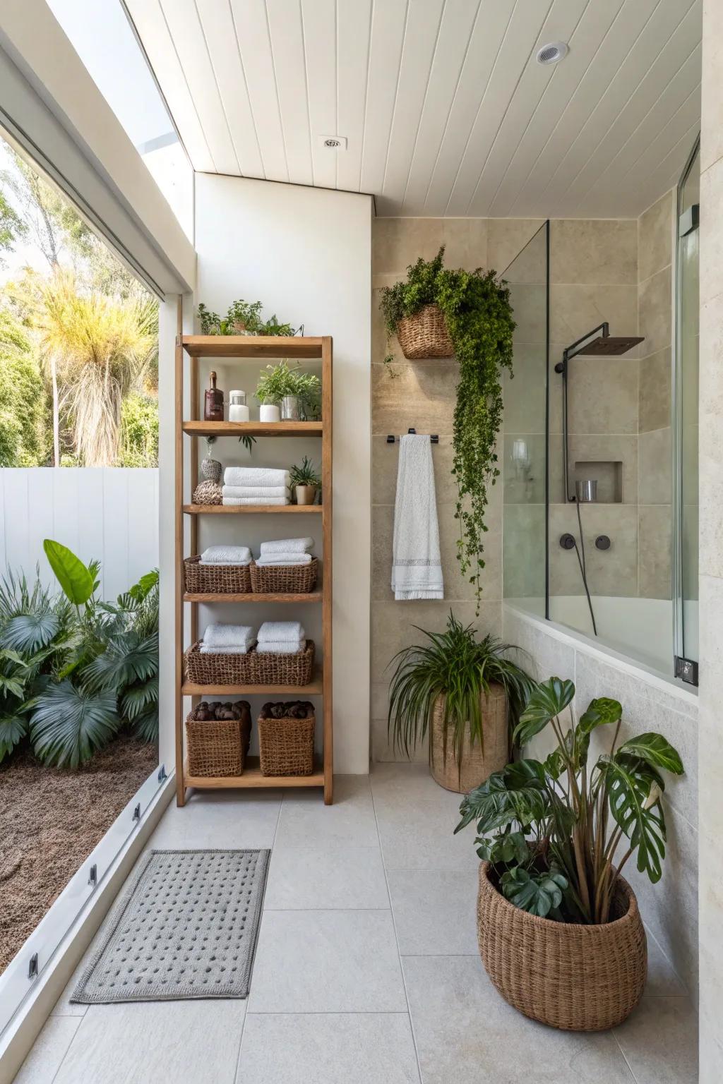 Decorative elements imbue warmth and personality into this barrier-free shower.