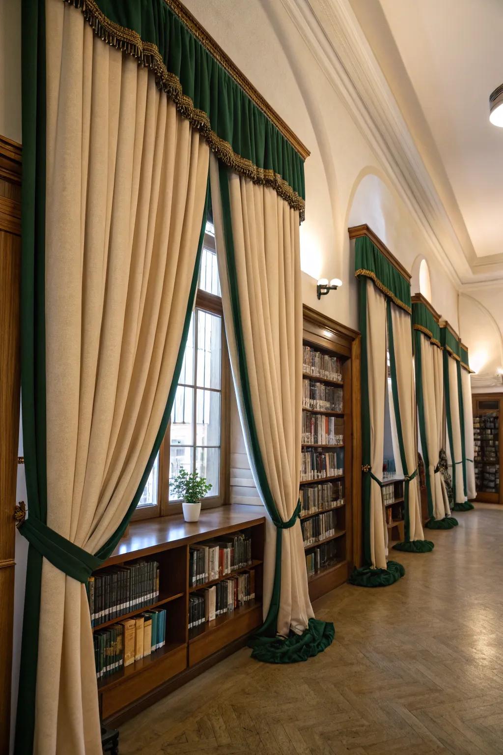 Luxurious drapes featuring sophisticated velvet ribbon.