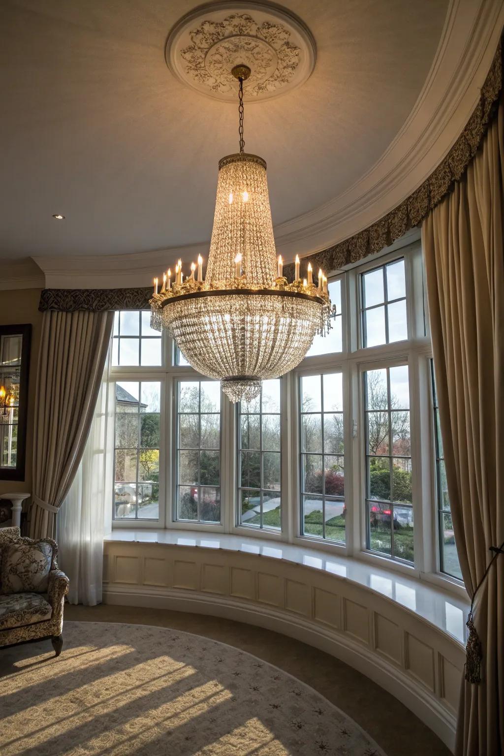 An eye-catching statement chandelier hanging over a curved bay window.