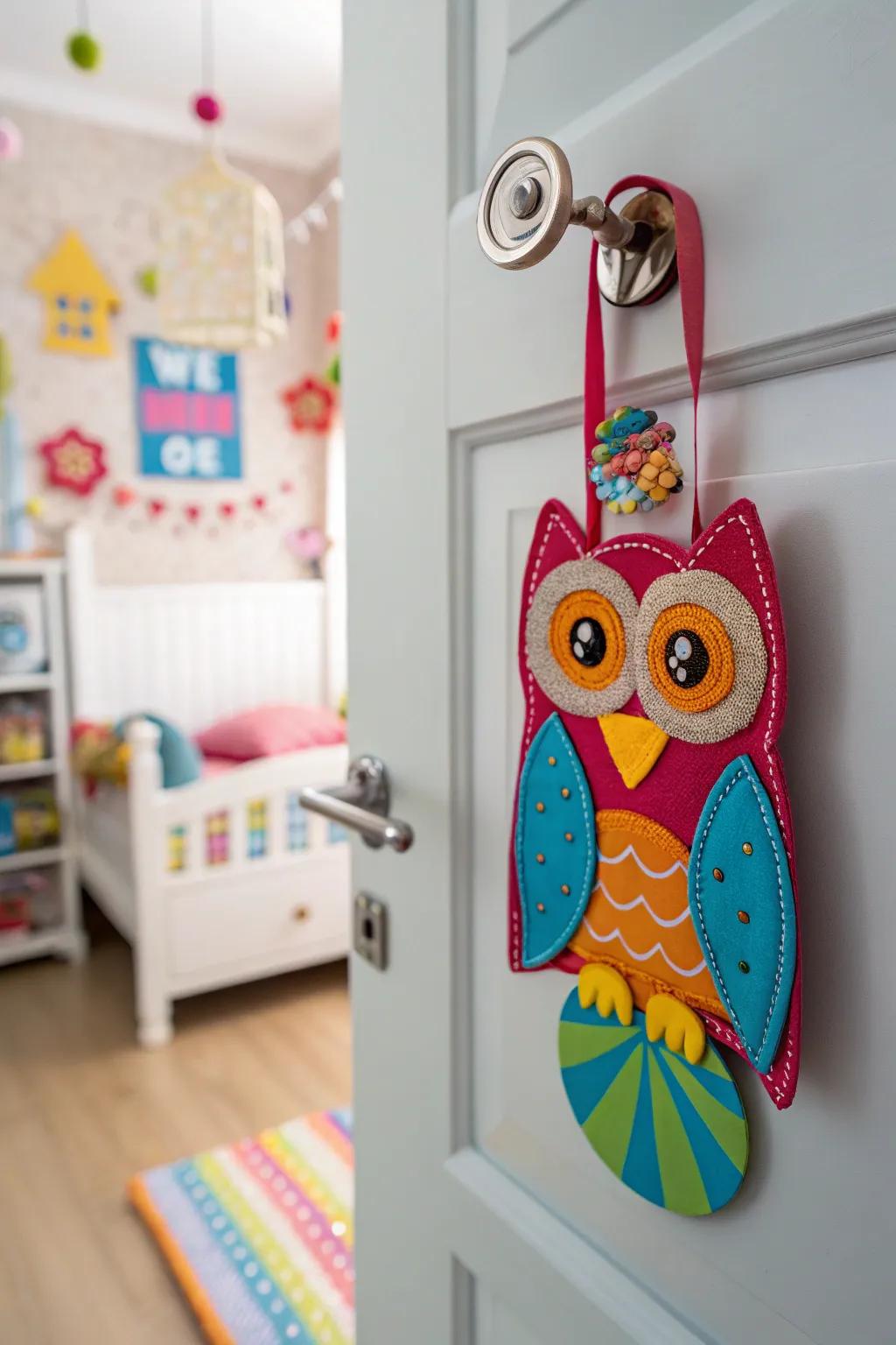 A playful owl-shaped door hanger, perfect for children.