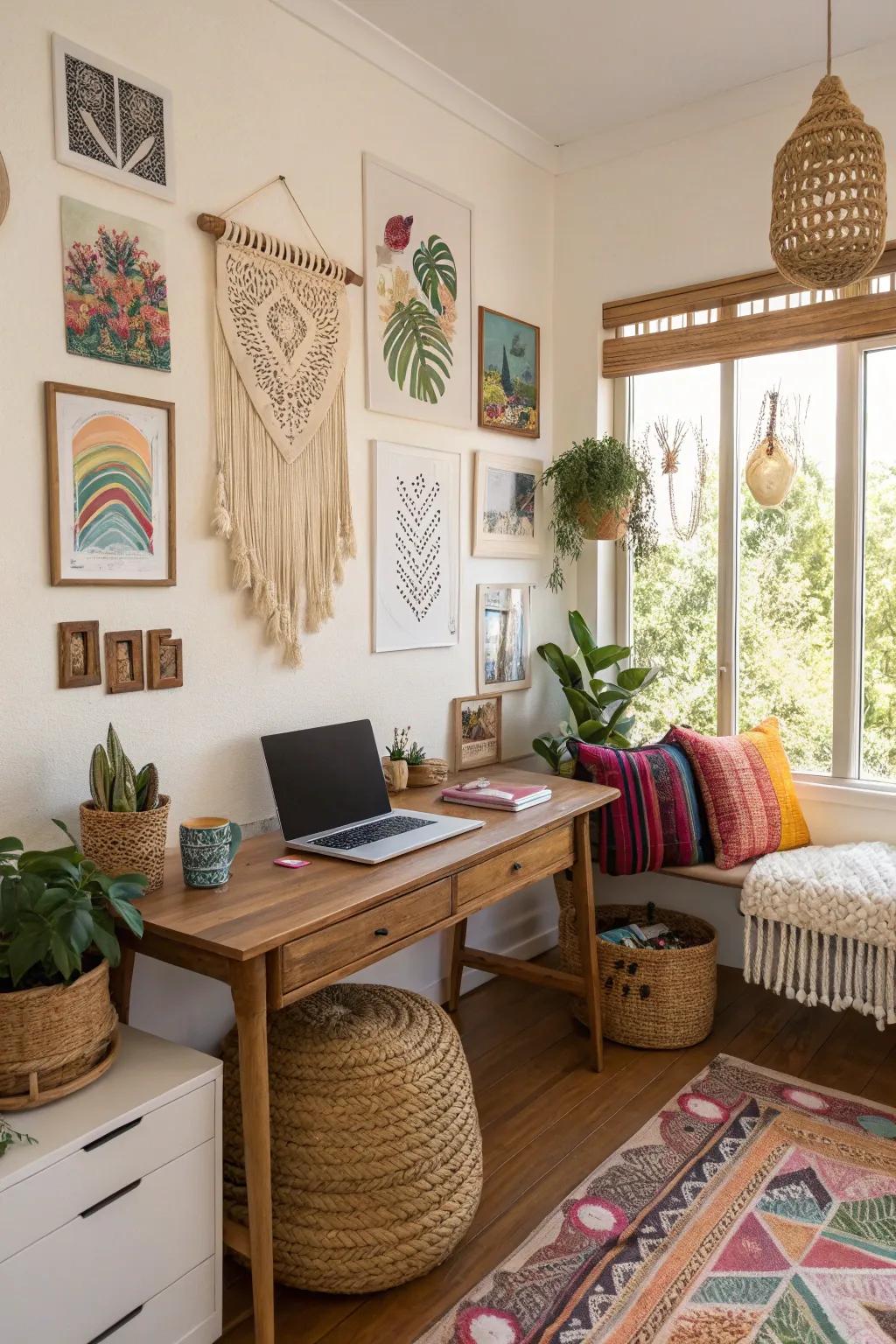 A cohesive boho chic themed home office with various decor elements.