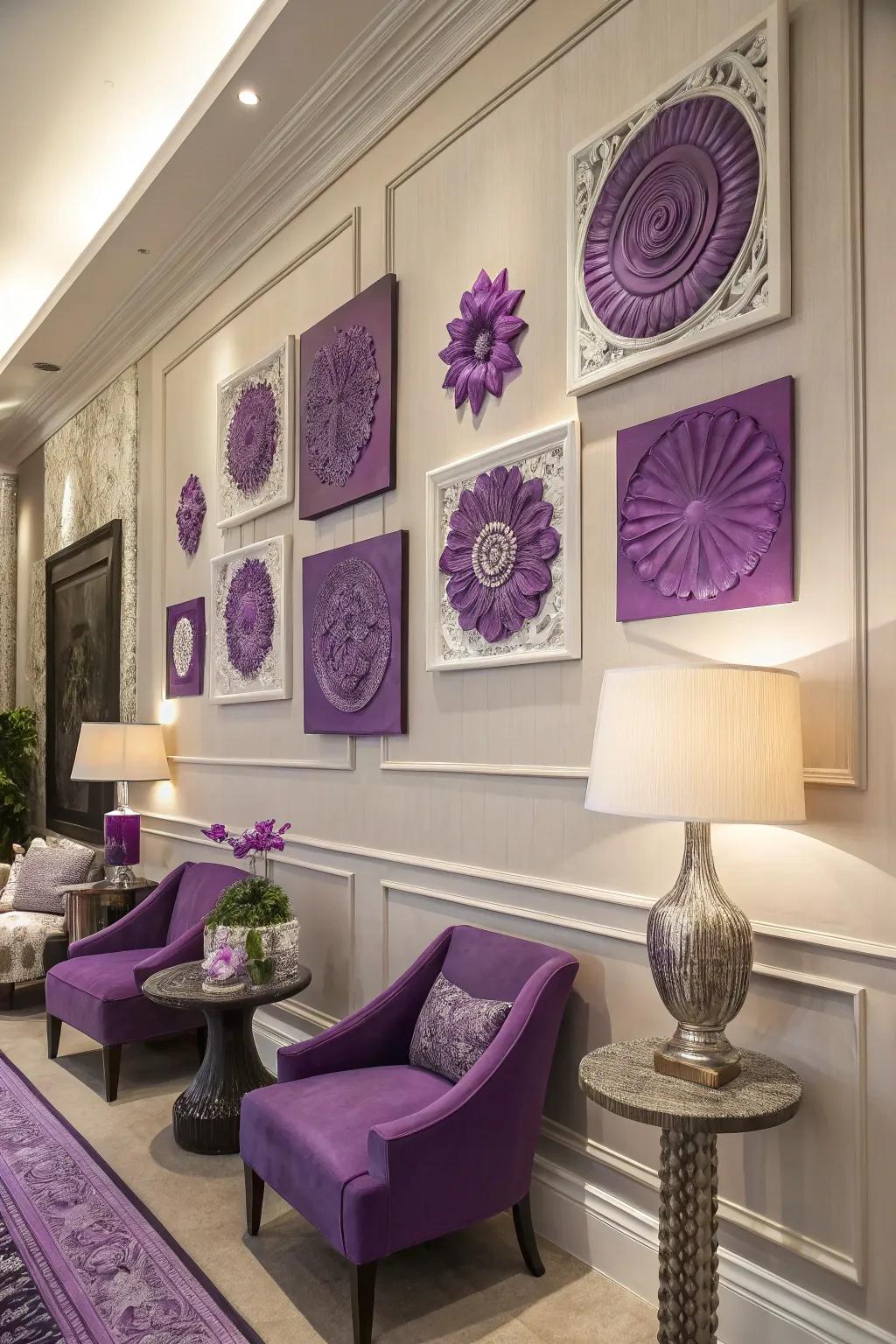 Purple art pieces adding personality to the walls.