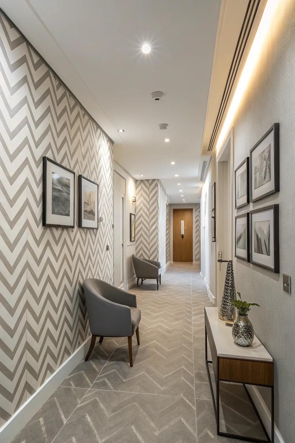 An entry featuring a subtle zigzag pattern wall covering, adding a touch of sophistication.