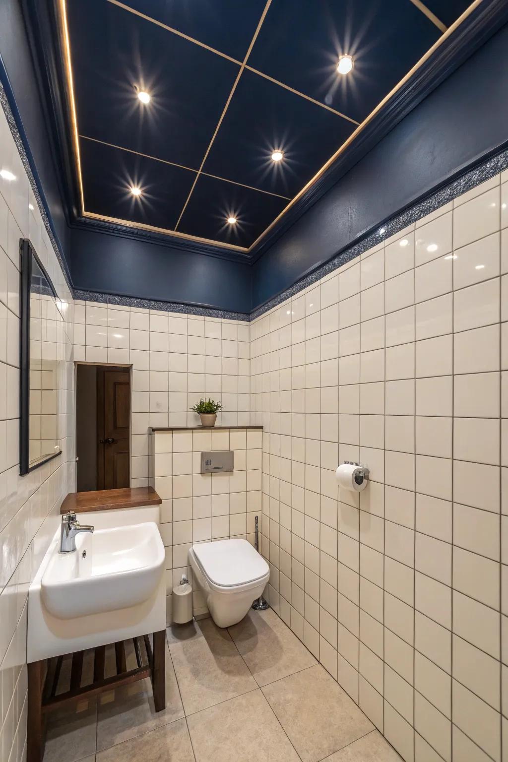 A sumptuous bathroom showcasing a deeply shaded cerulean overhead.