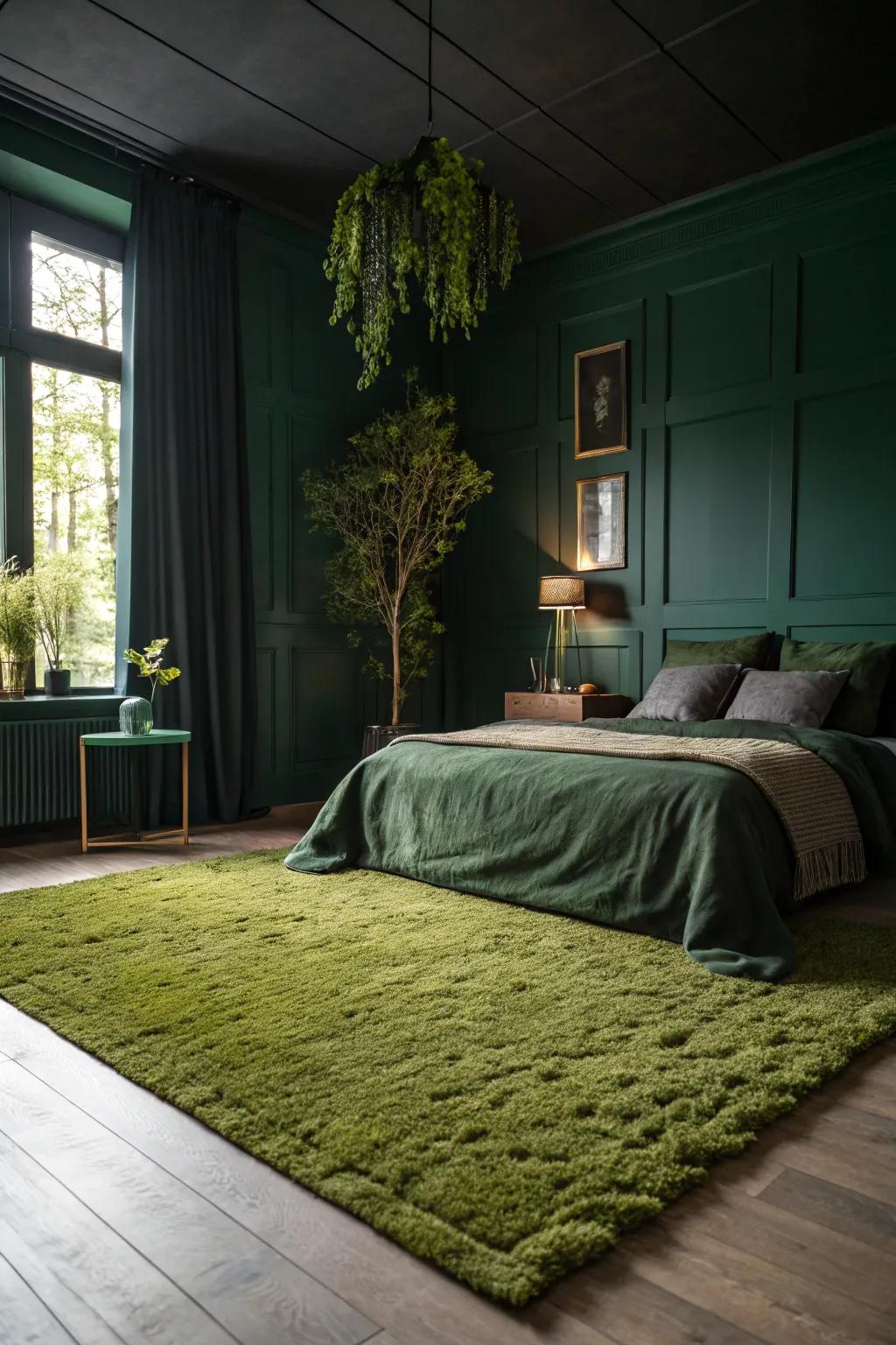 A shadowy jade bedroom showcasing a snug mossy verdant floor covering.