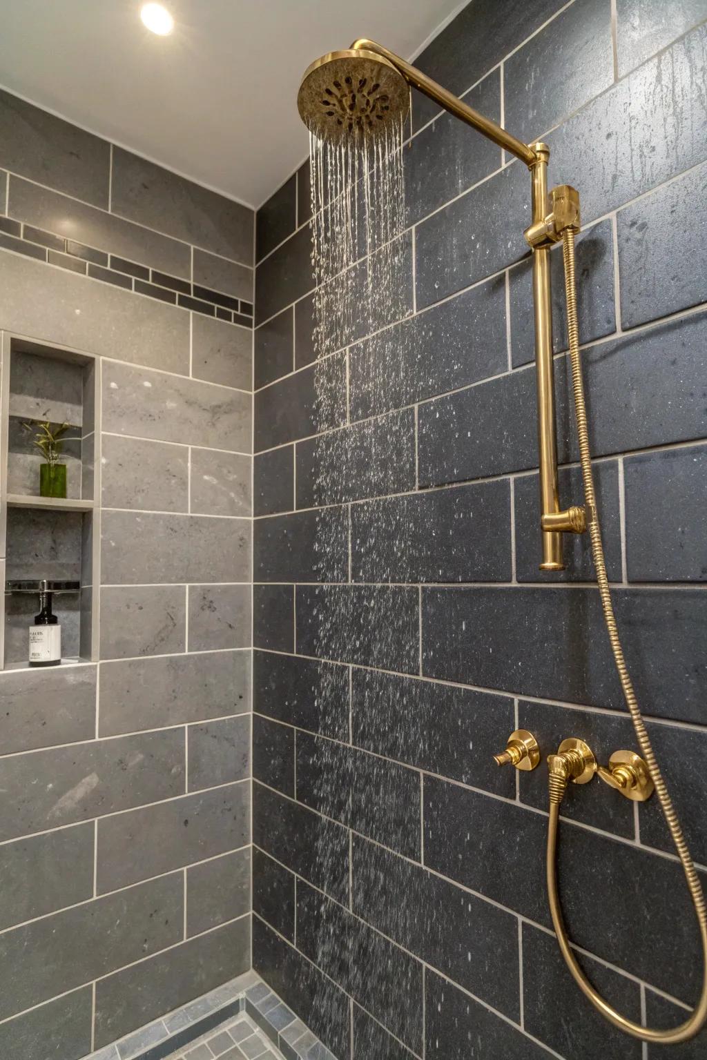 Metallic parts complement the current aesthetic of dark charcoal tiling.
