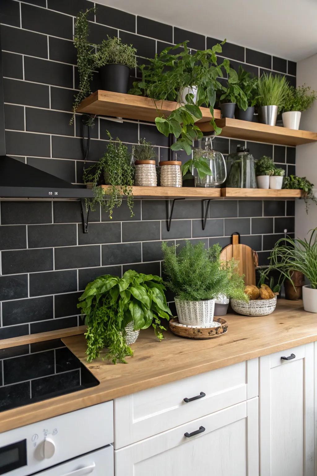 A kitchen design where outdoor elements like plants complement a dark backsplash.