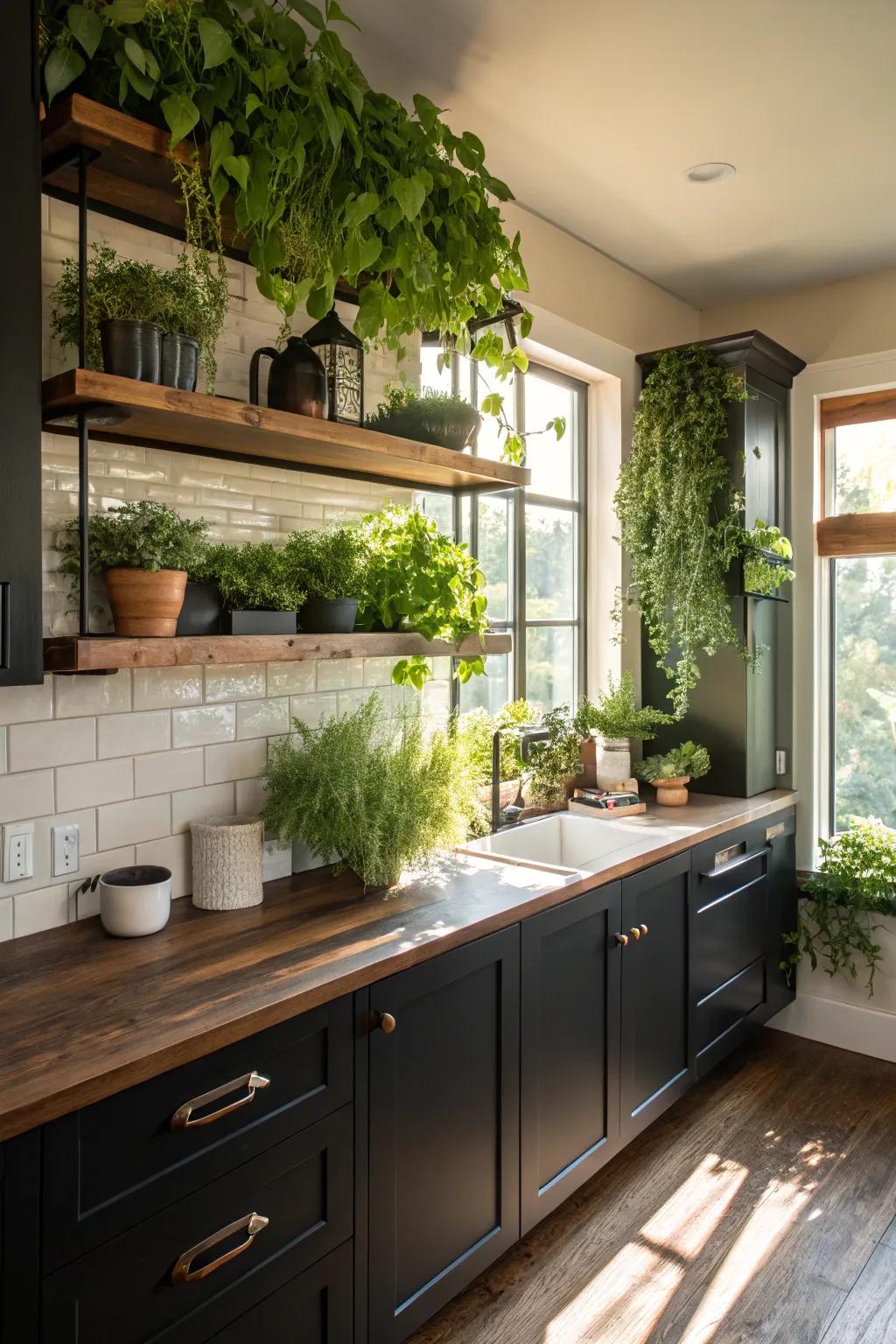 Green plants introduce a revitalizing splash of color to the deep kitchen.