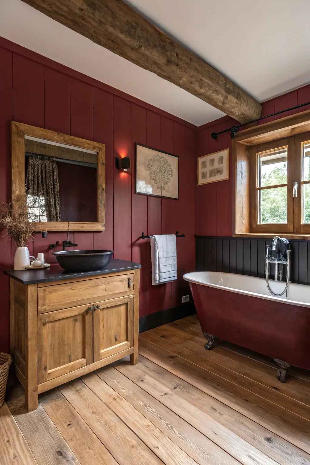 Elemental compositions convey warmth and harmony to a dark crimson restroom.