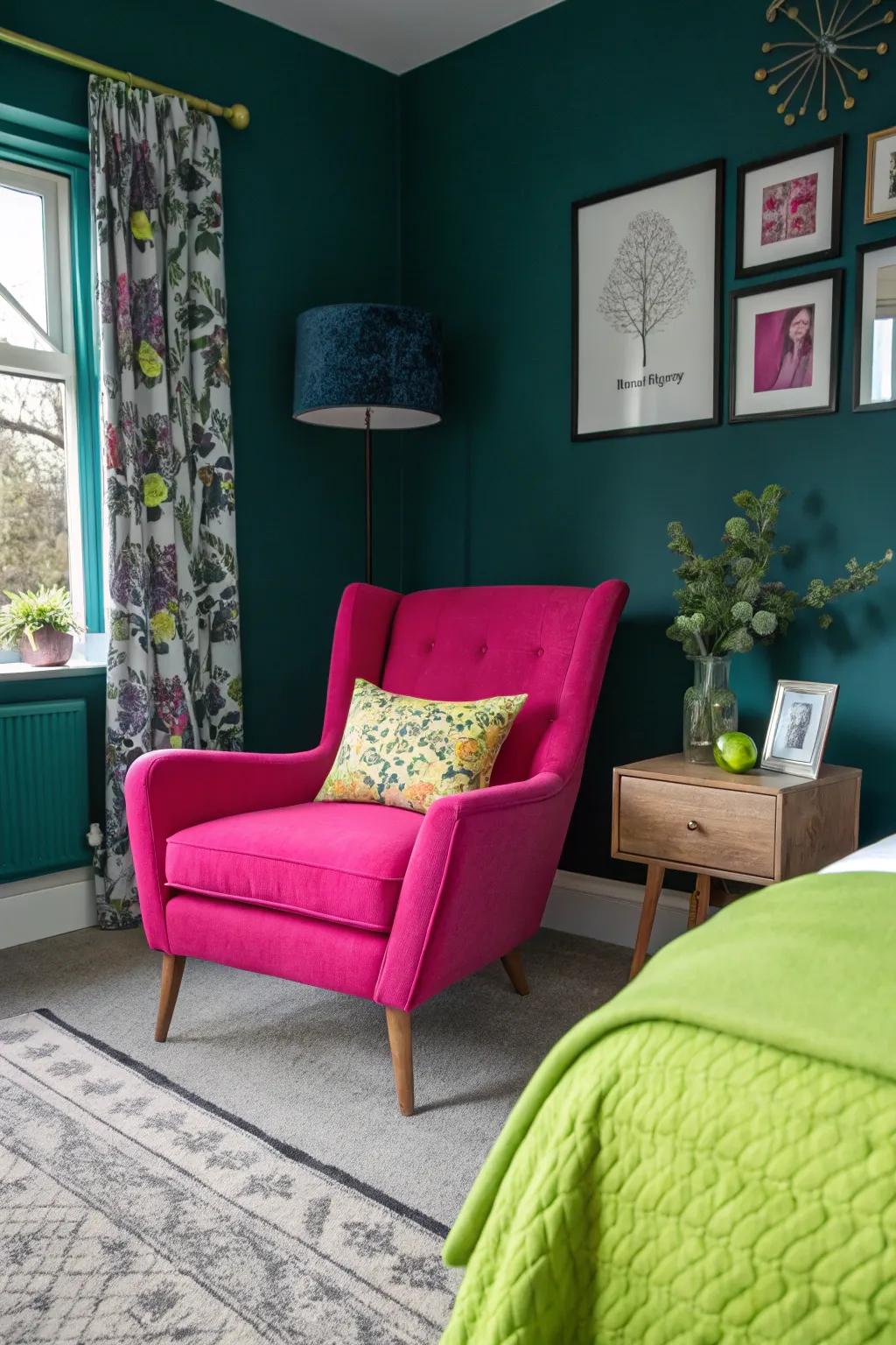 Unforeseen shades inject a playful twist into dark teal.