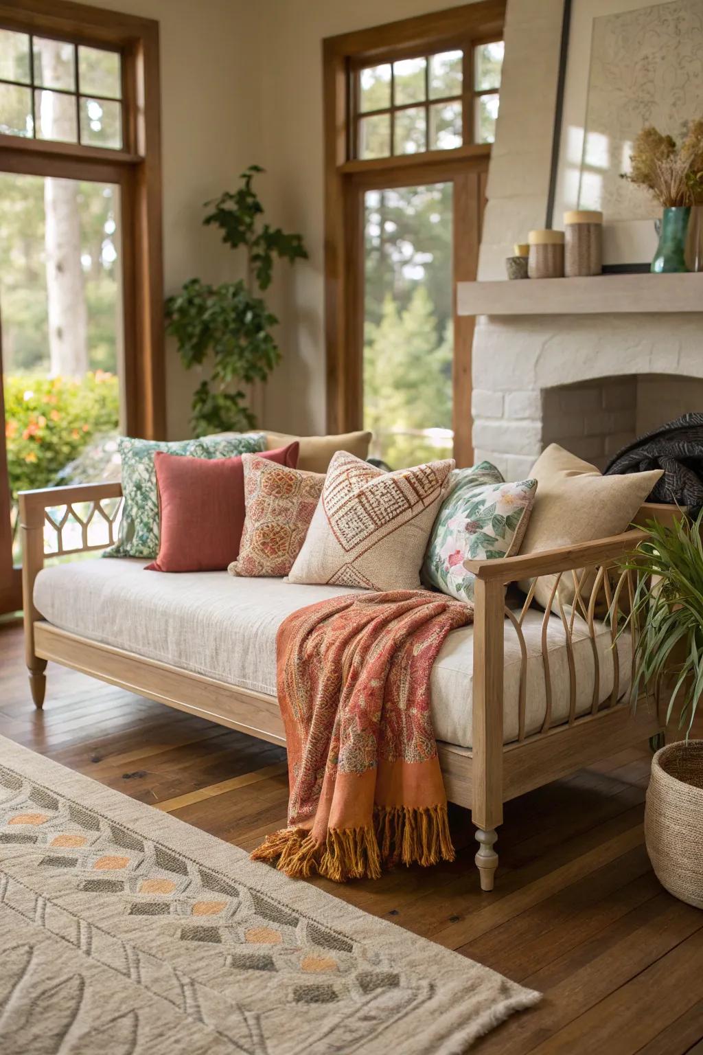 Throws and bolsters impart warmth and character to a daybed.