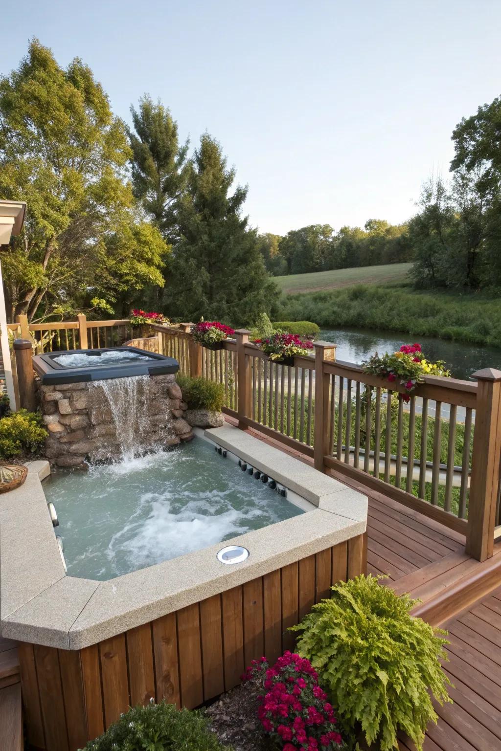 The soothing sound of a cascade enhances relaxation near the hot tub.