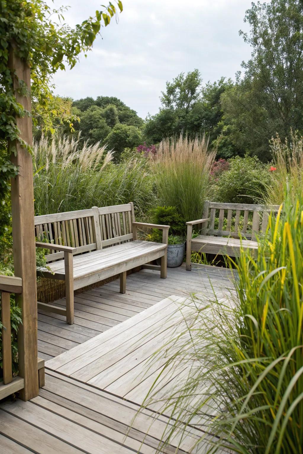 Elevated-backed benches provide privacy and a cozy ambiance.