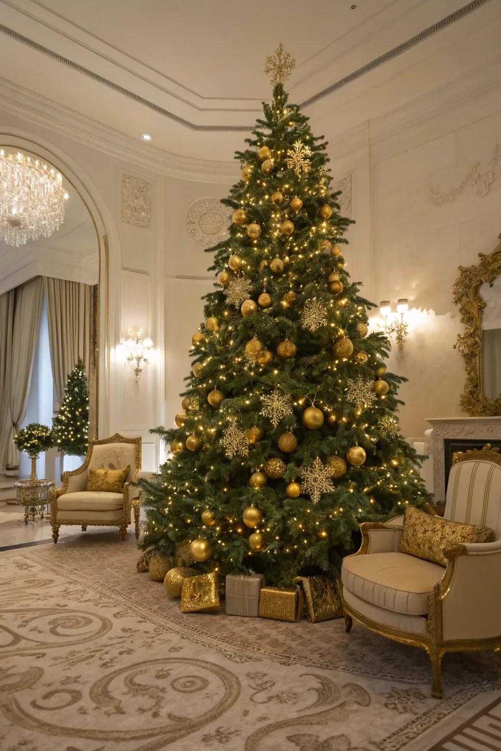 A luxurious gilded-themed Christmas tree showcasing shimmering illumination and embellishments.