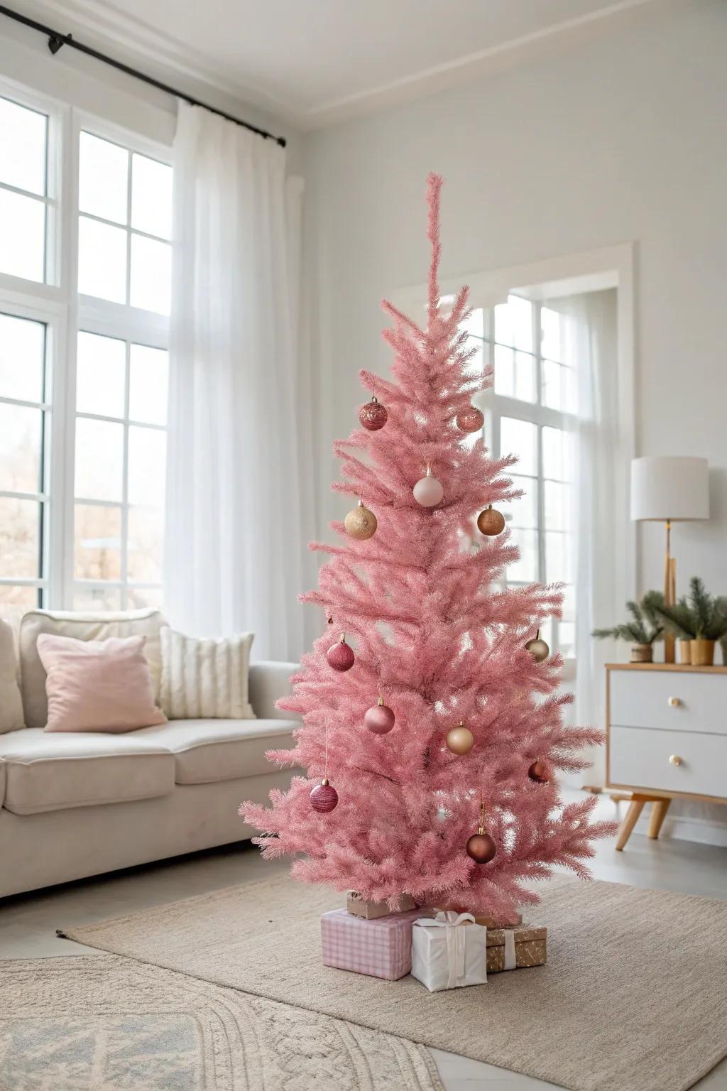 A minimalist rose-colored tree radiating serene simplicity.