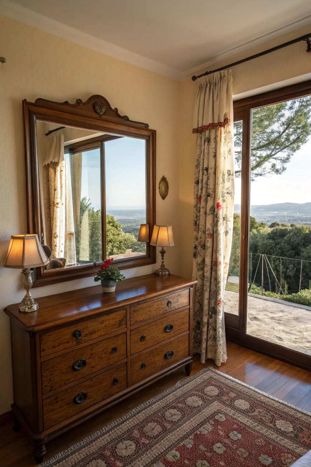 Mirrors reflecting vistas bring external beauty inside.