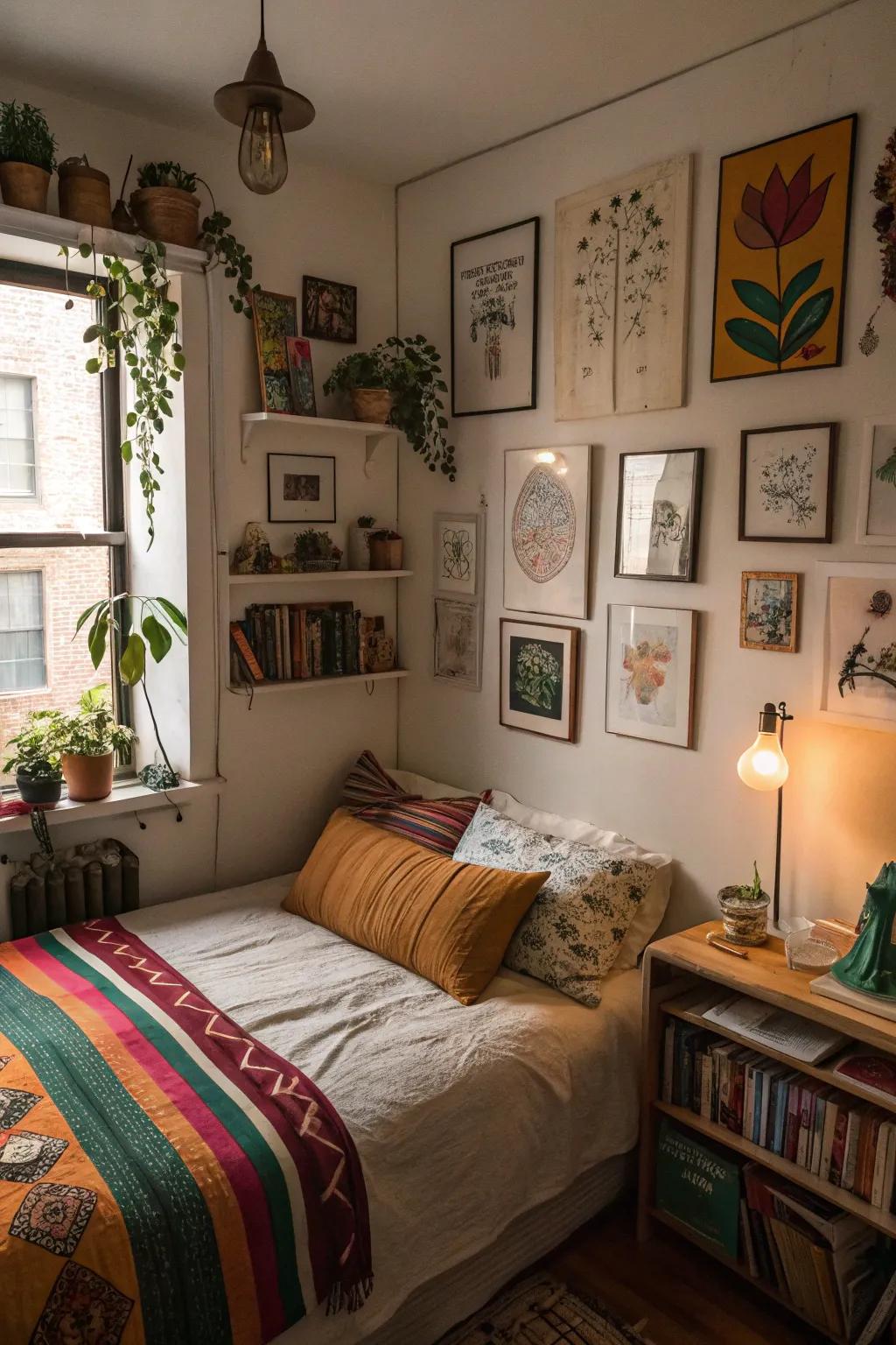 Personal art and decor add warmth to a small bedroom.