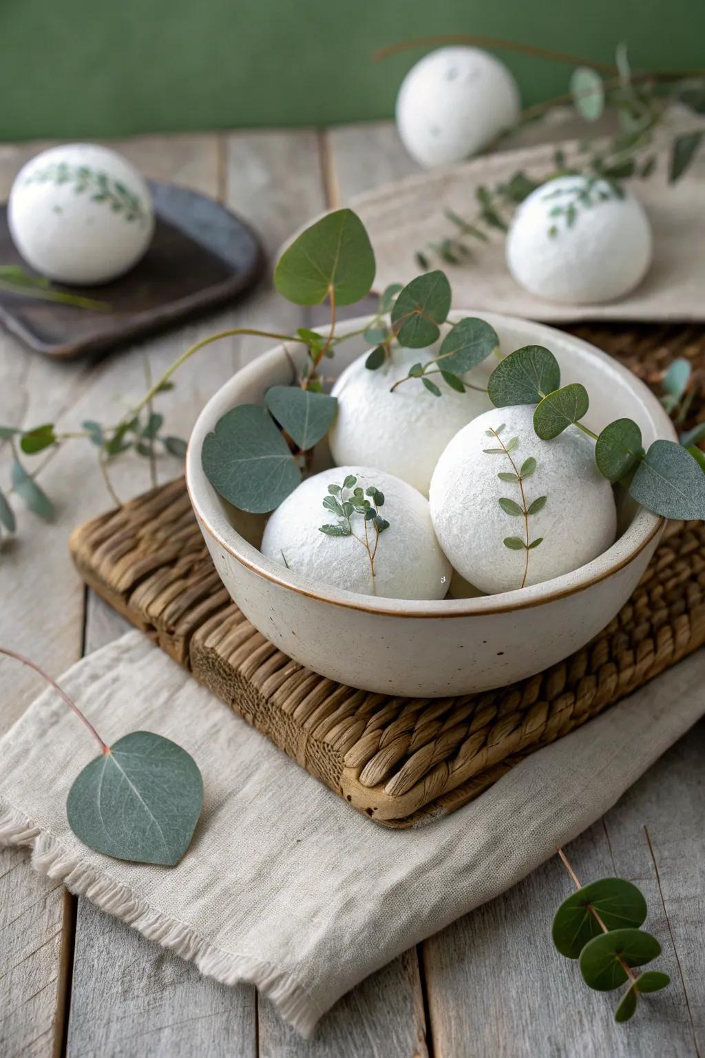 Eucalyptus-embellished orbs for an organic evergreen sensation