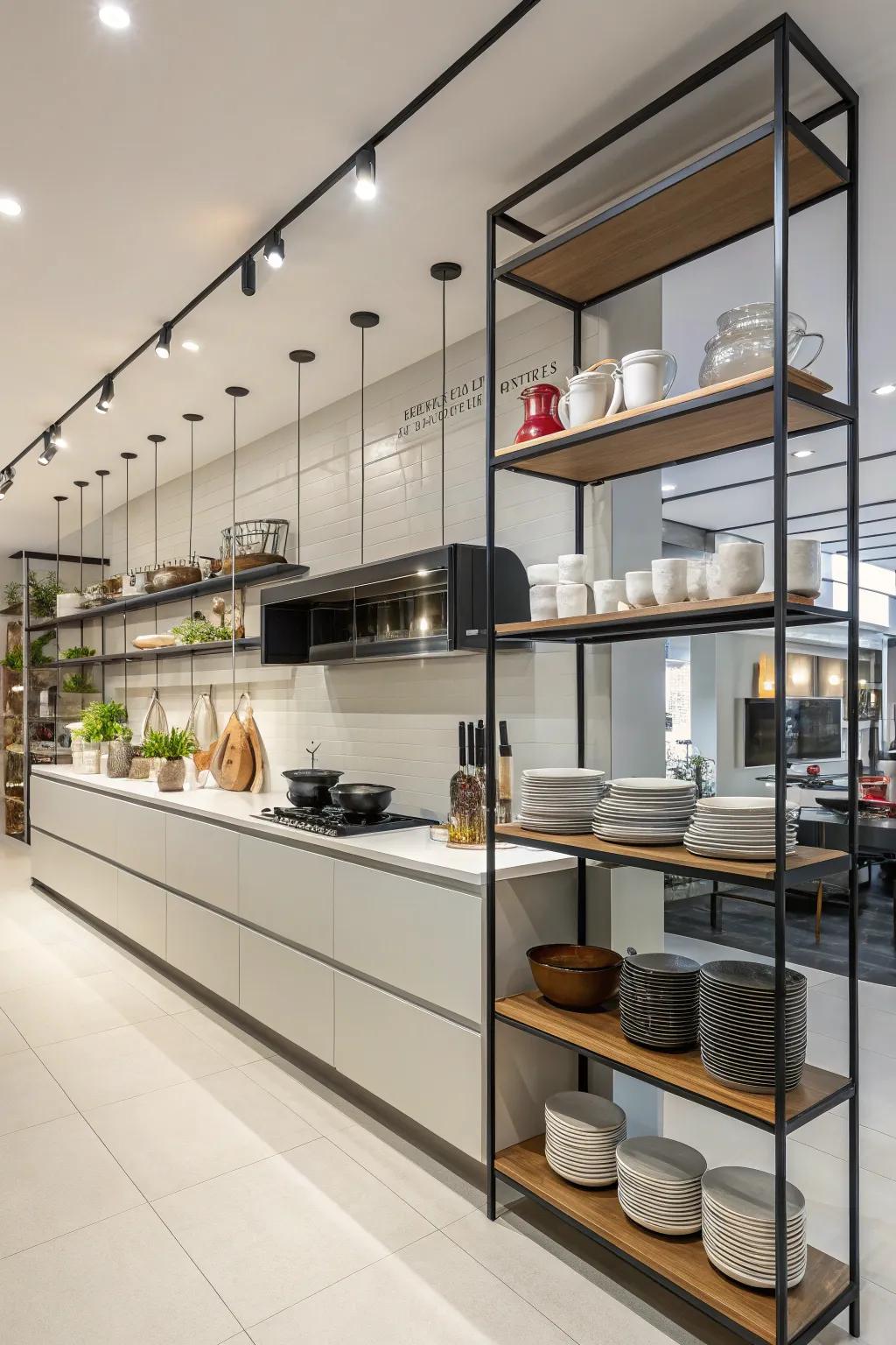 Shelves that hang give subtle separation in open kitchens.