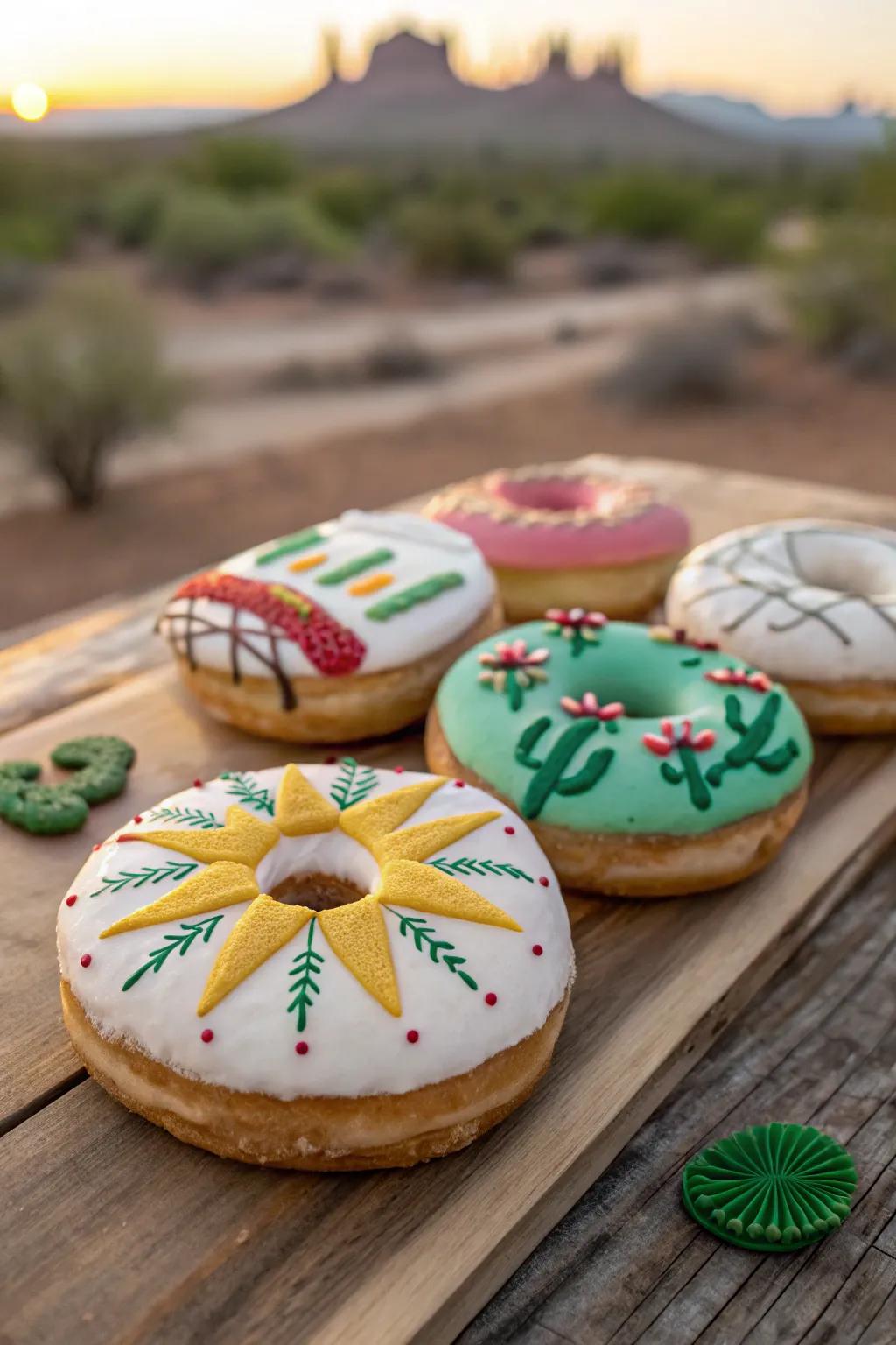 Fried dough treats embellished with desert-themed motifs such as sunbursts and arid blooms.