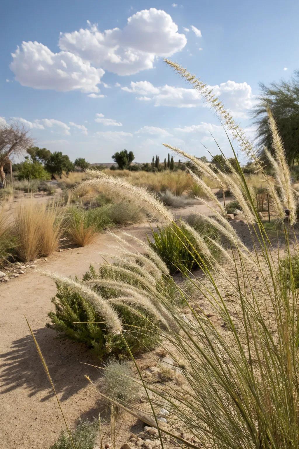 Decorative grasses add subtle movement to the desert garden.