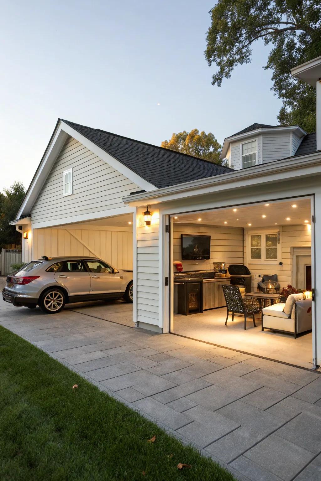 A garage that doubles as an entertainment haven.