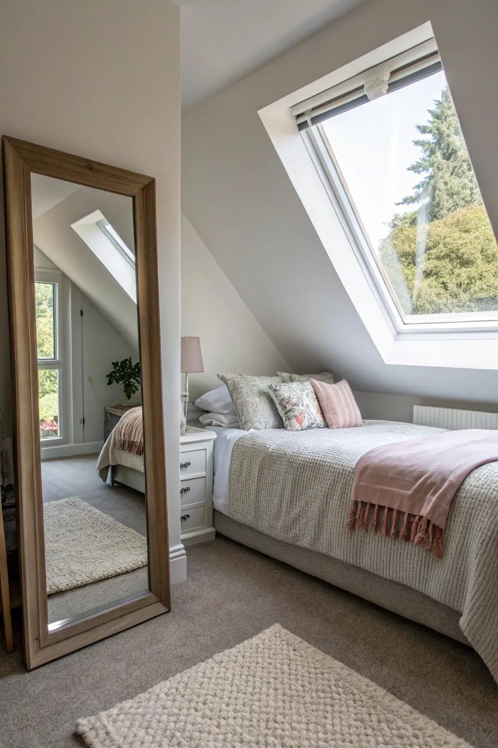 Mirrors enhance the light and space around a bed at an angle.