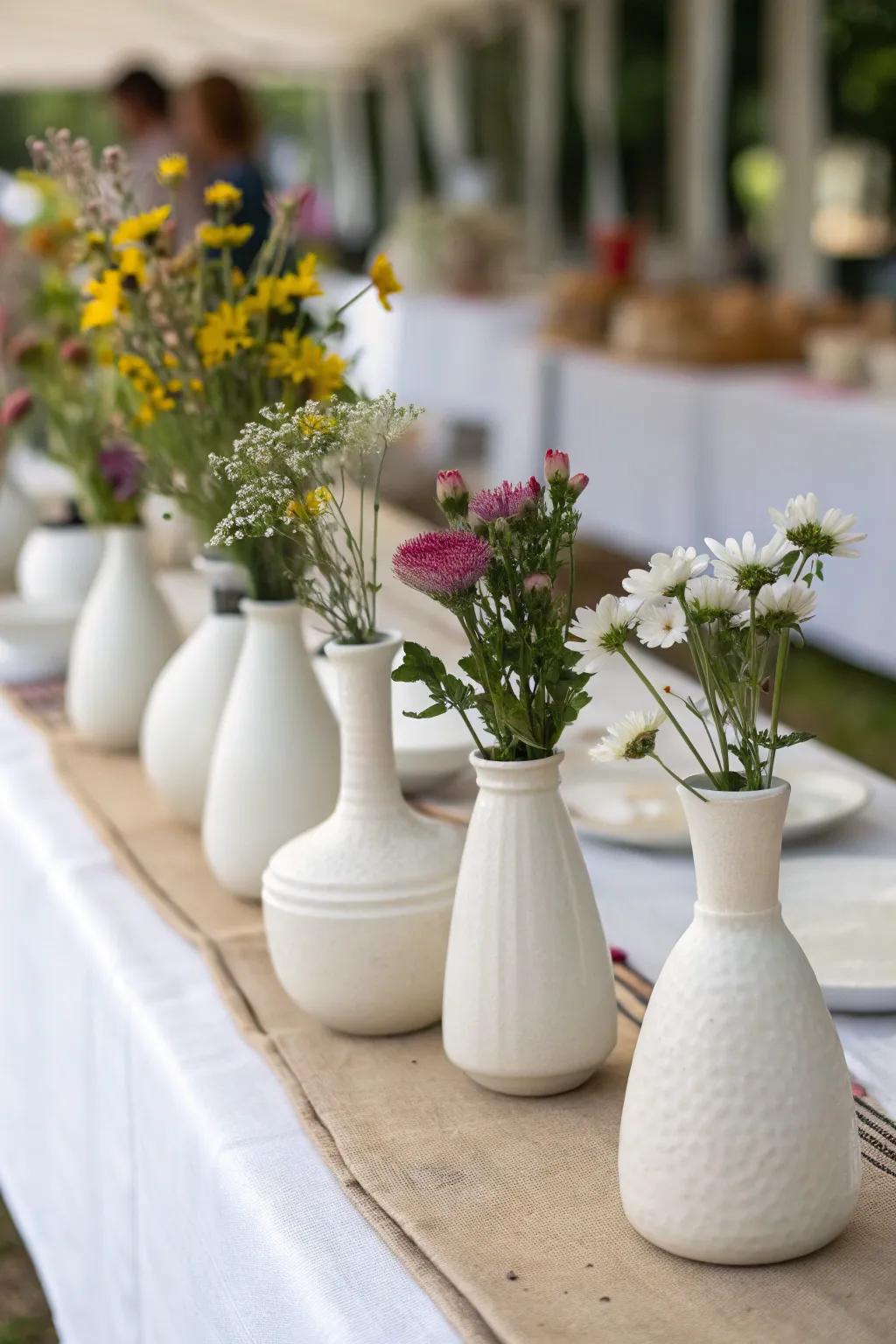 White ceramic vases offer a modern touch to centerpieces.