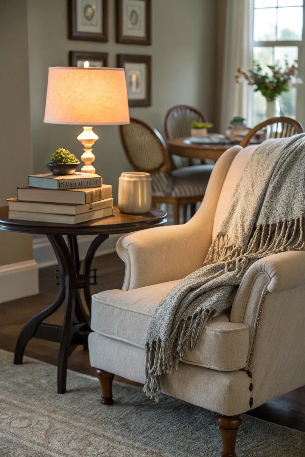 A study space offers a comfy escape within the dining room.