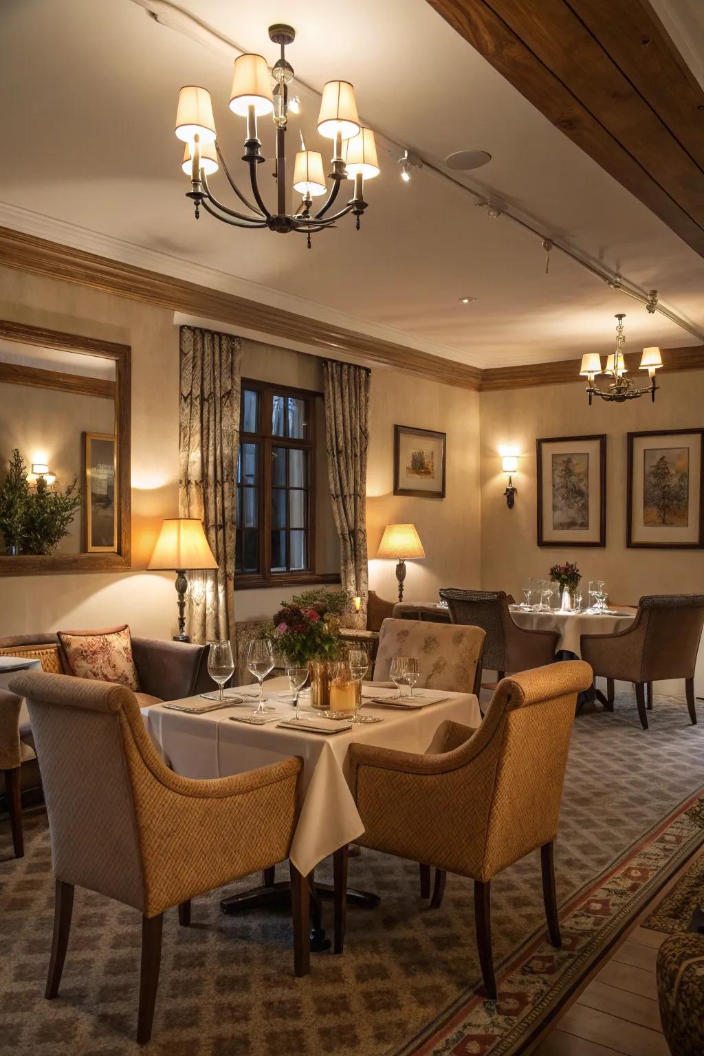 Gentle lighting and comfortable seating create an inviting dining environment.