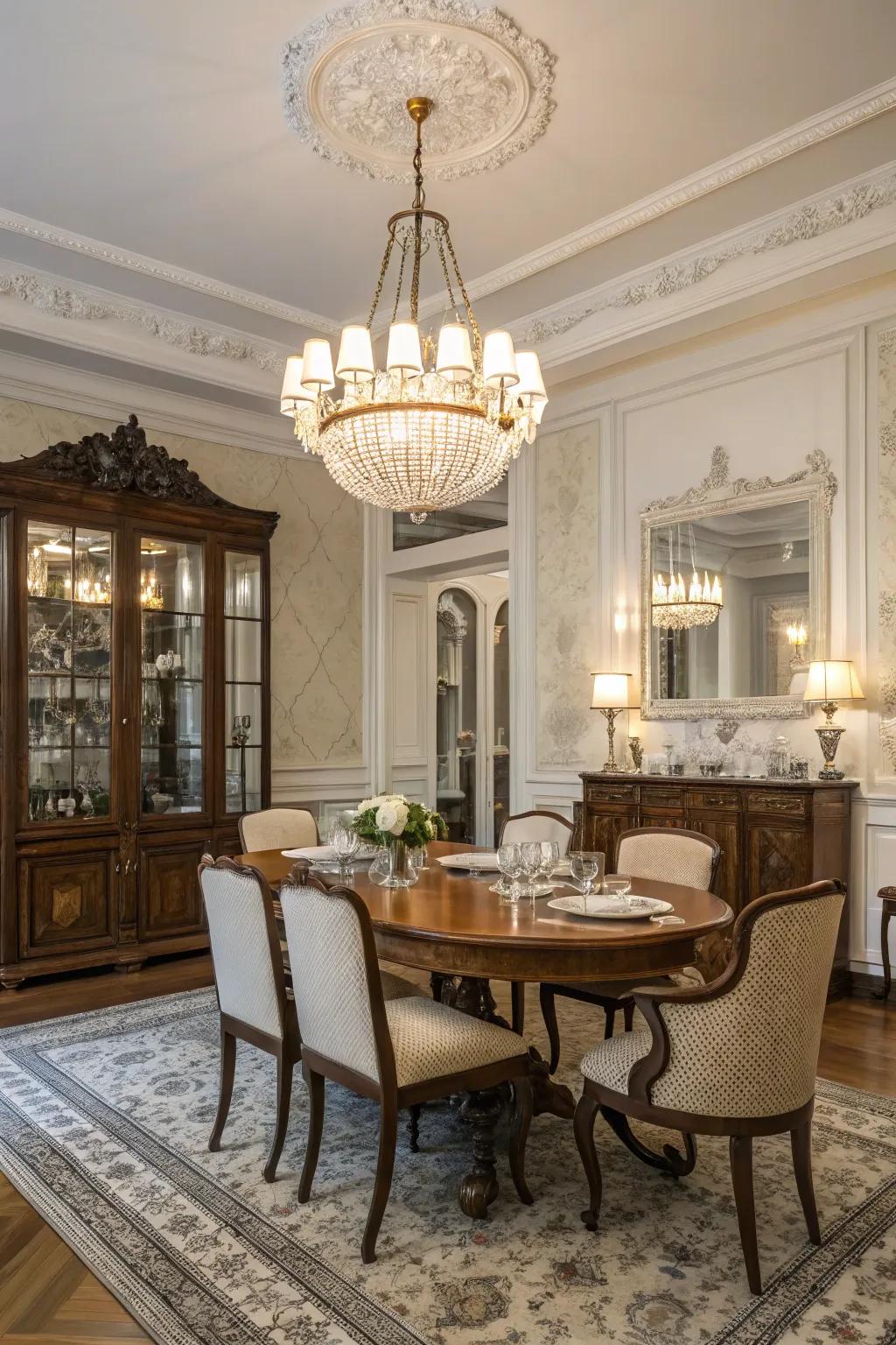 This dining space is given timeless charm by vintage fixtures.