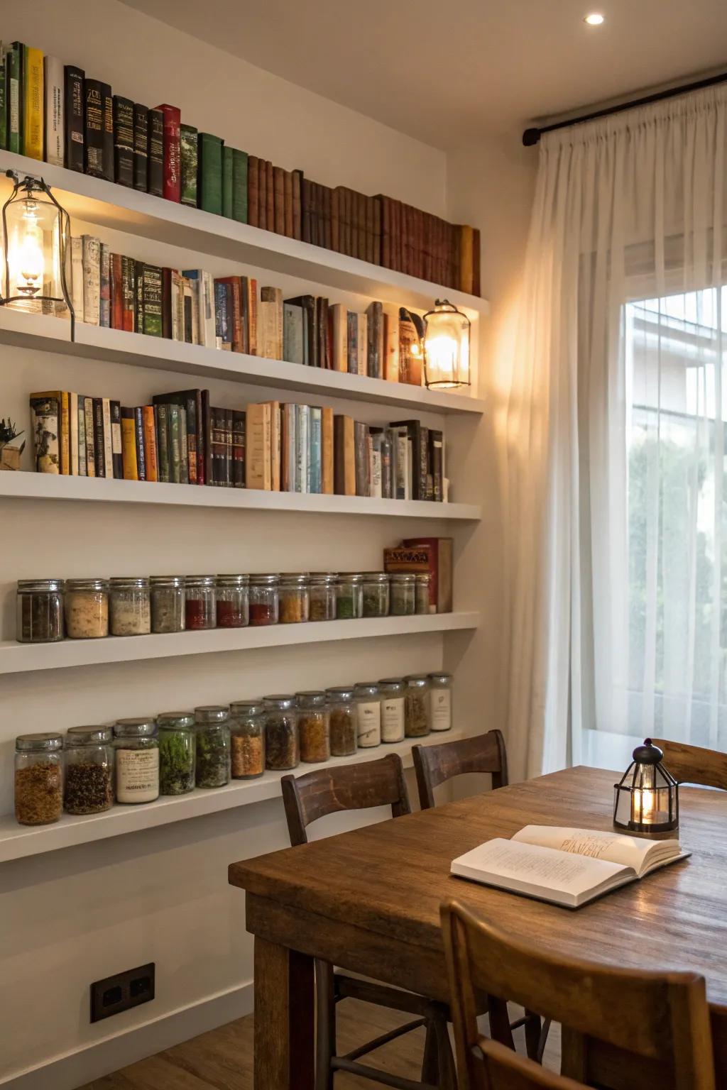 Wall-mounted shelves preserve floor space while providing plentiful storage.