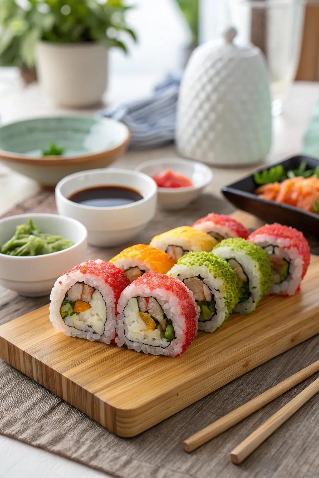 Artistic sushi production contributes to an engaging dinner venture.