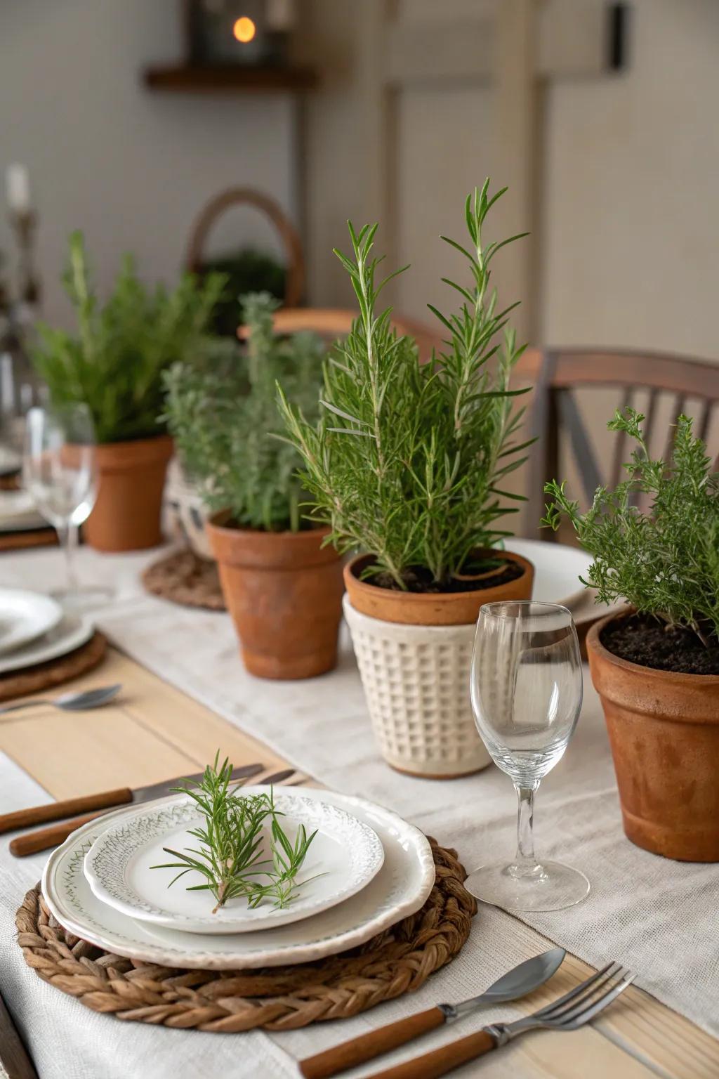Potted herbs imparting a refreshing and fragrant nuance to the table setting.