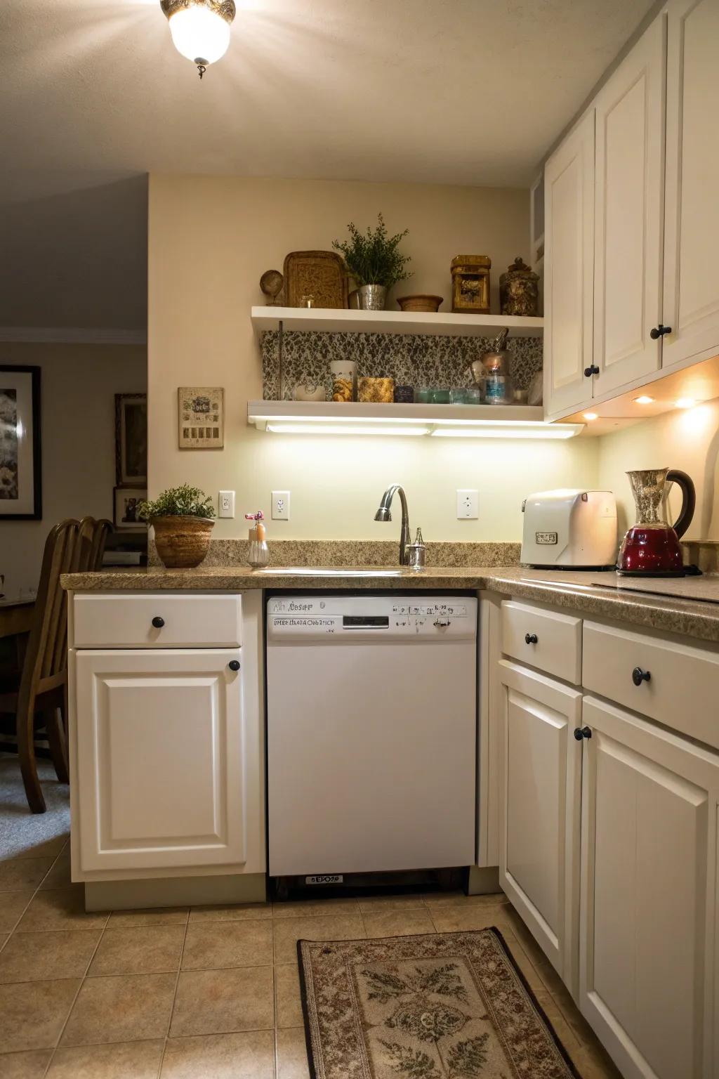 Well-lit kitchen area emphasizing the dishwasher.