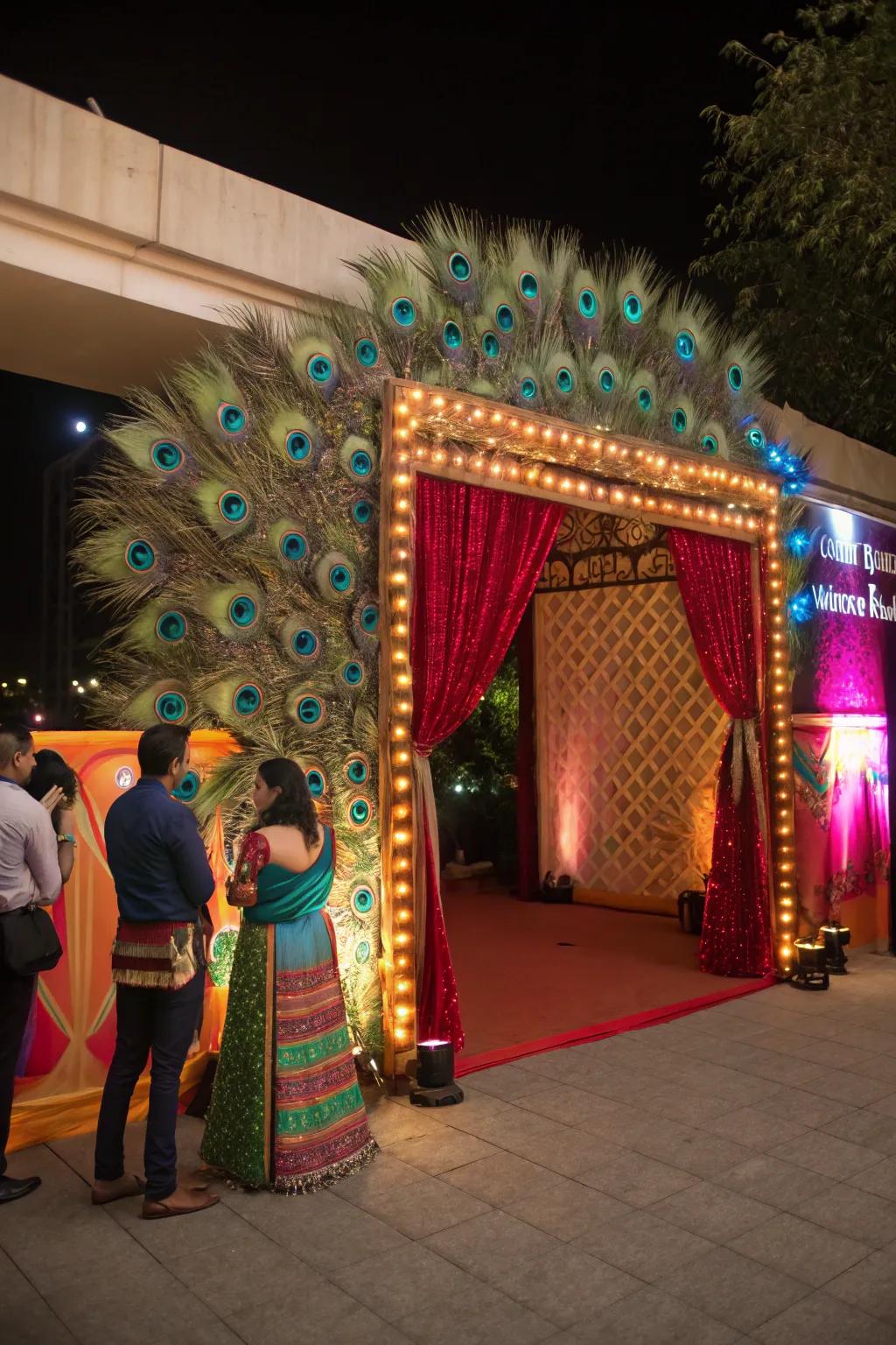 Iridescent fowl plumes contributing elegance to the snapshot gathering place.