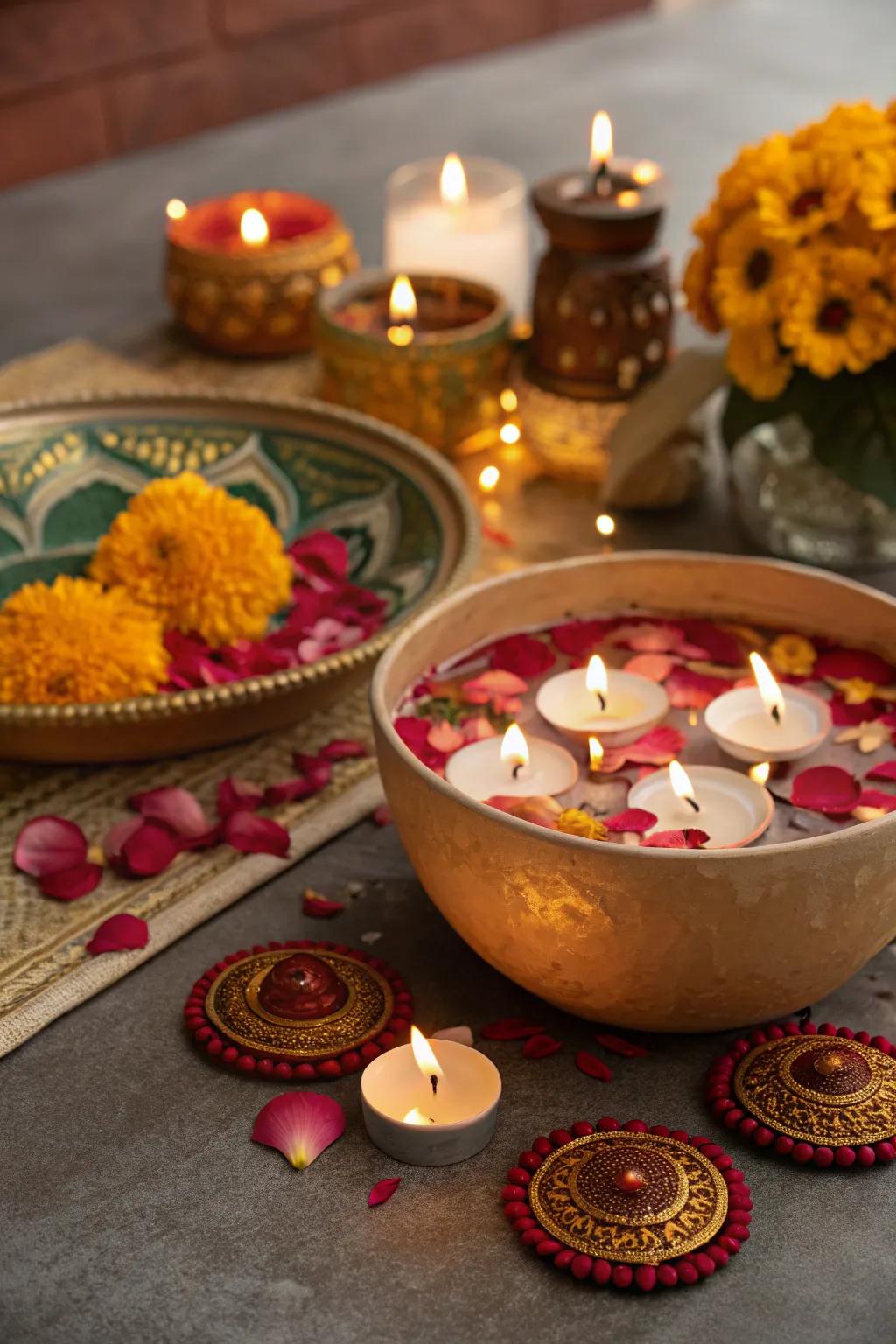 Afloat illumination bowls with petals fashion a mesmerizing effect on the Diwali table.