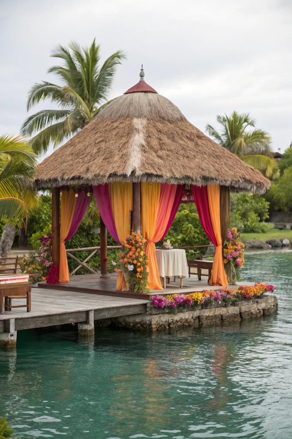 Escape to a tropical paradise with a thatched-roof gazebo on your dock.