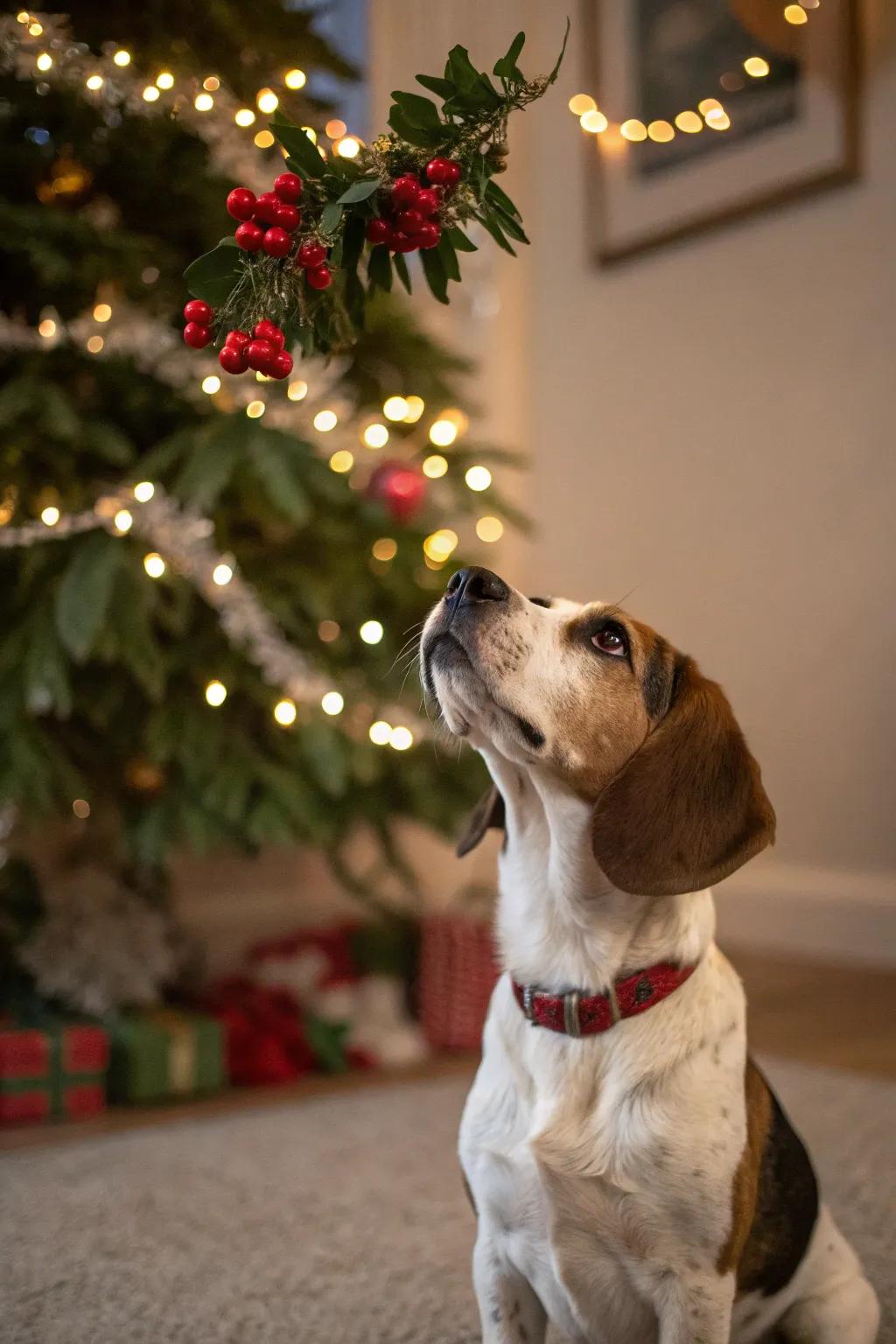 Awaiting a holiday embrace beneath the evergreen sprig.