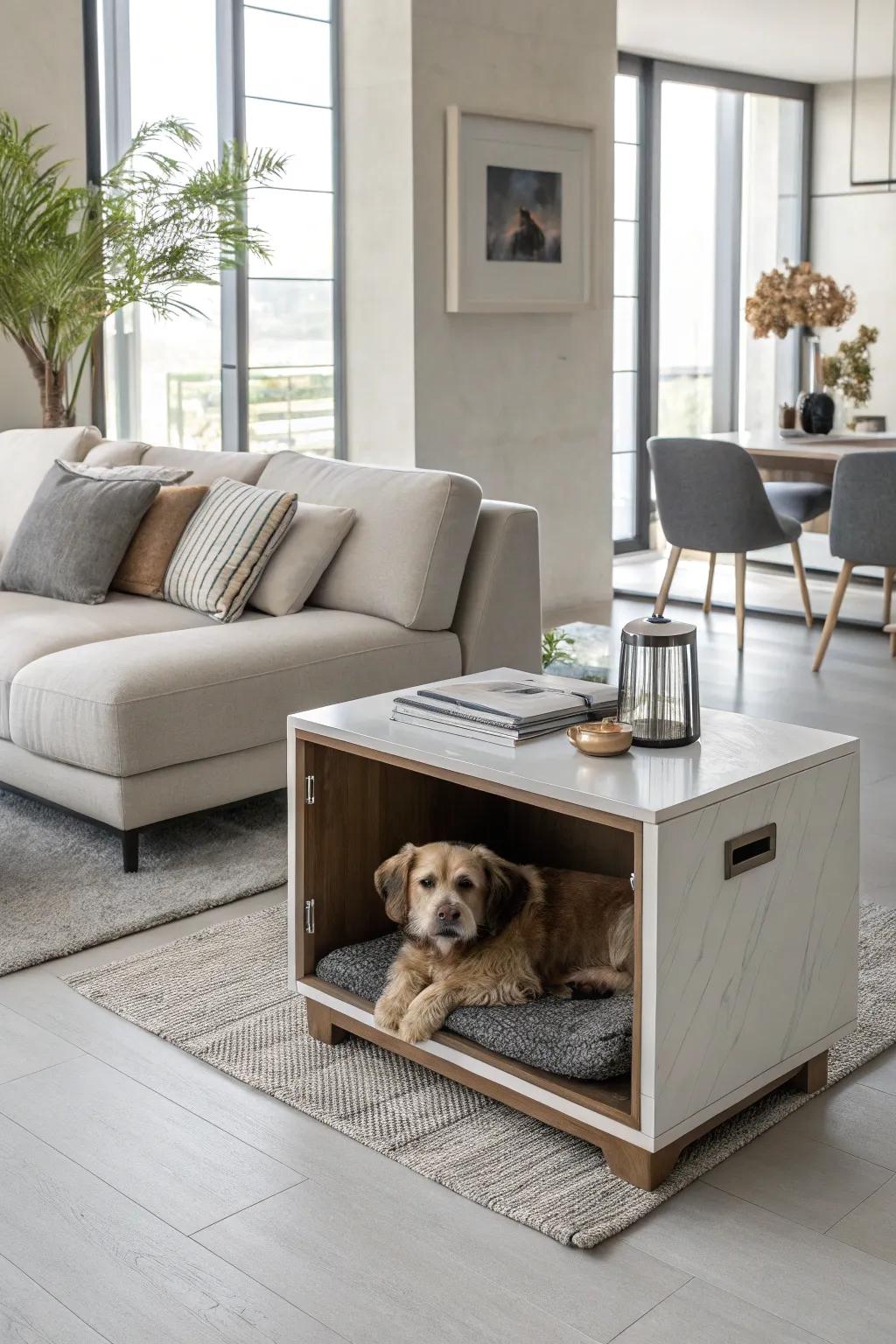 A contemporary living space featuring furnishings integrating a canine cubby, ensuring panache and solace.
