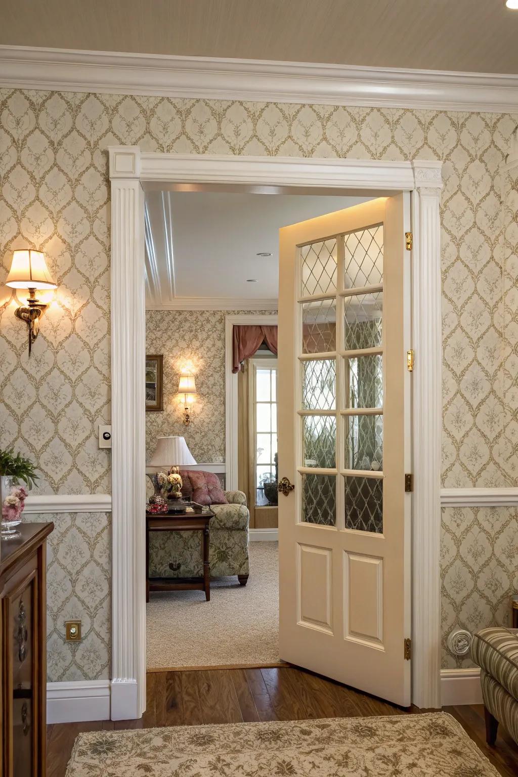 Craft a consistent look by extending wallpaper onto your doors.