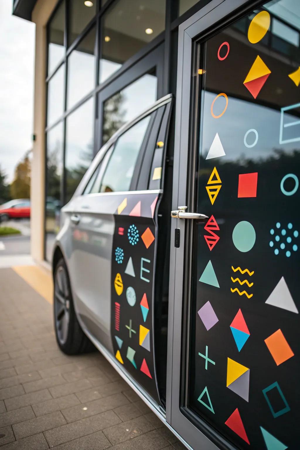Geometric decals offer a modern twist to door decoration.