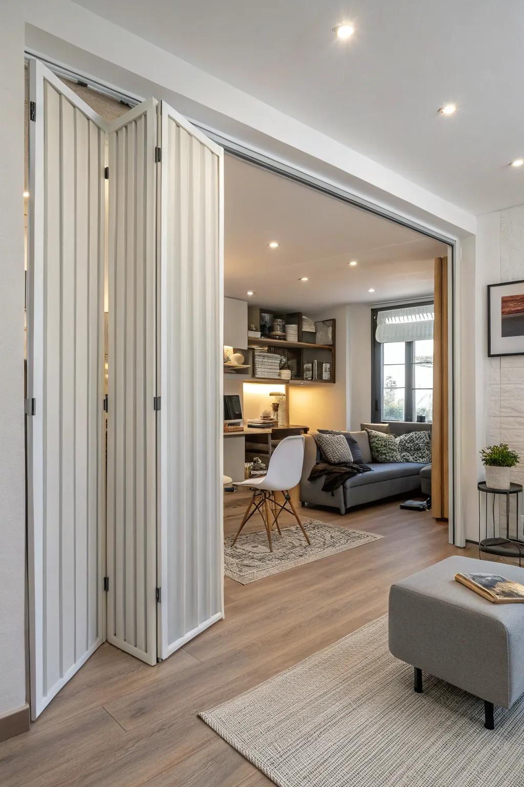 Folding doors offer versatile partitioning solutions in this adaptable studio apartment.