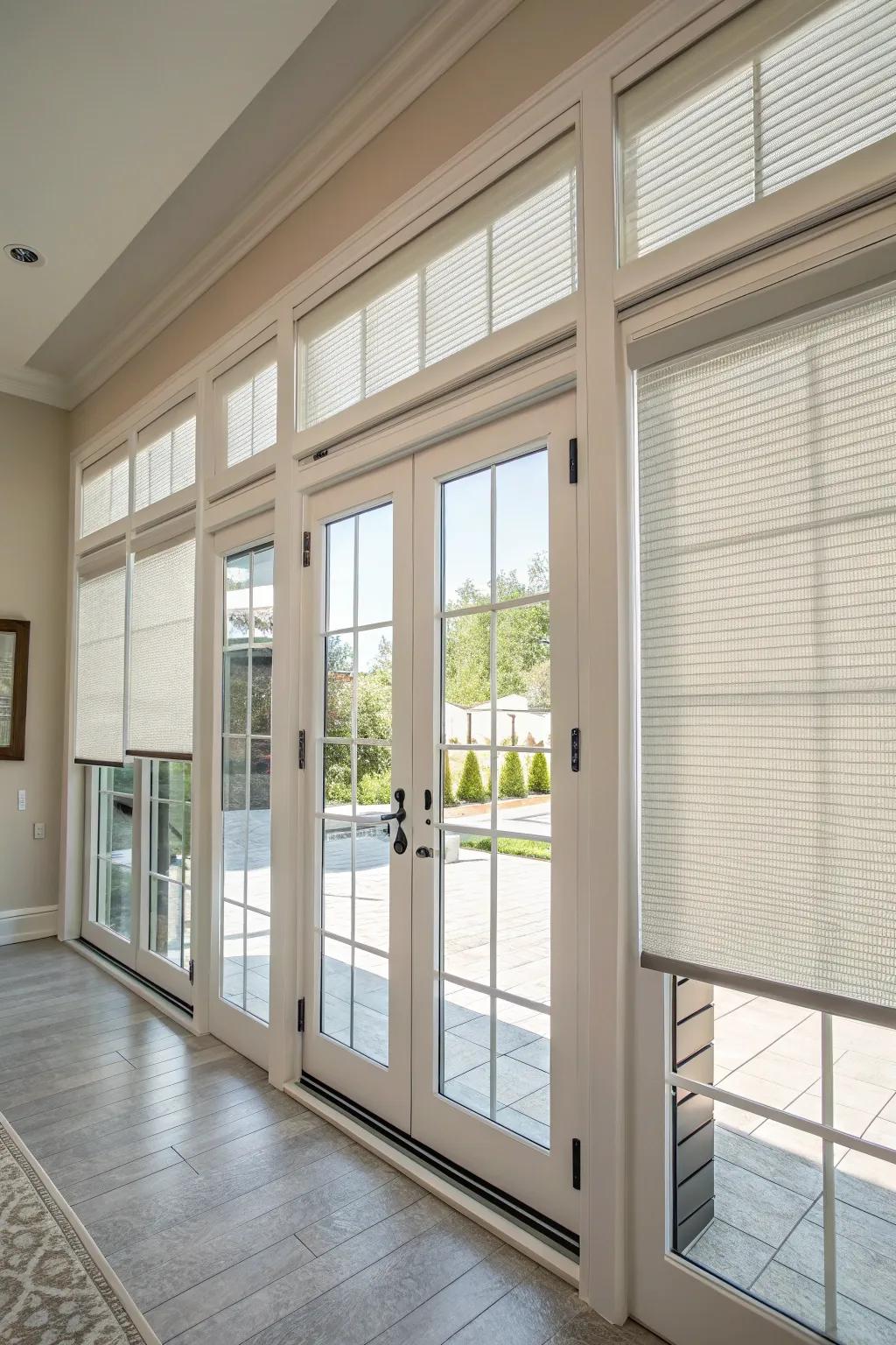 Panel track blinds are ideal for expansive door windows, delivering contemporary design and privacy.