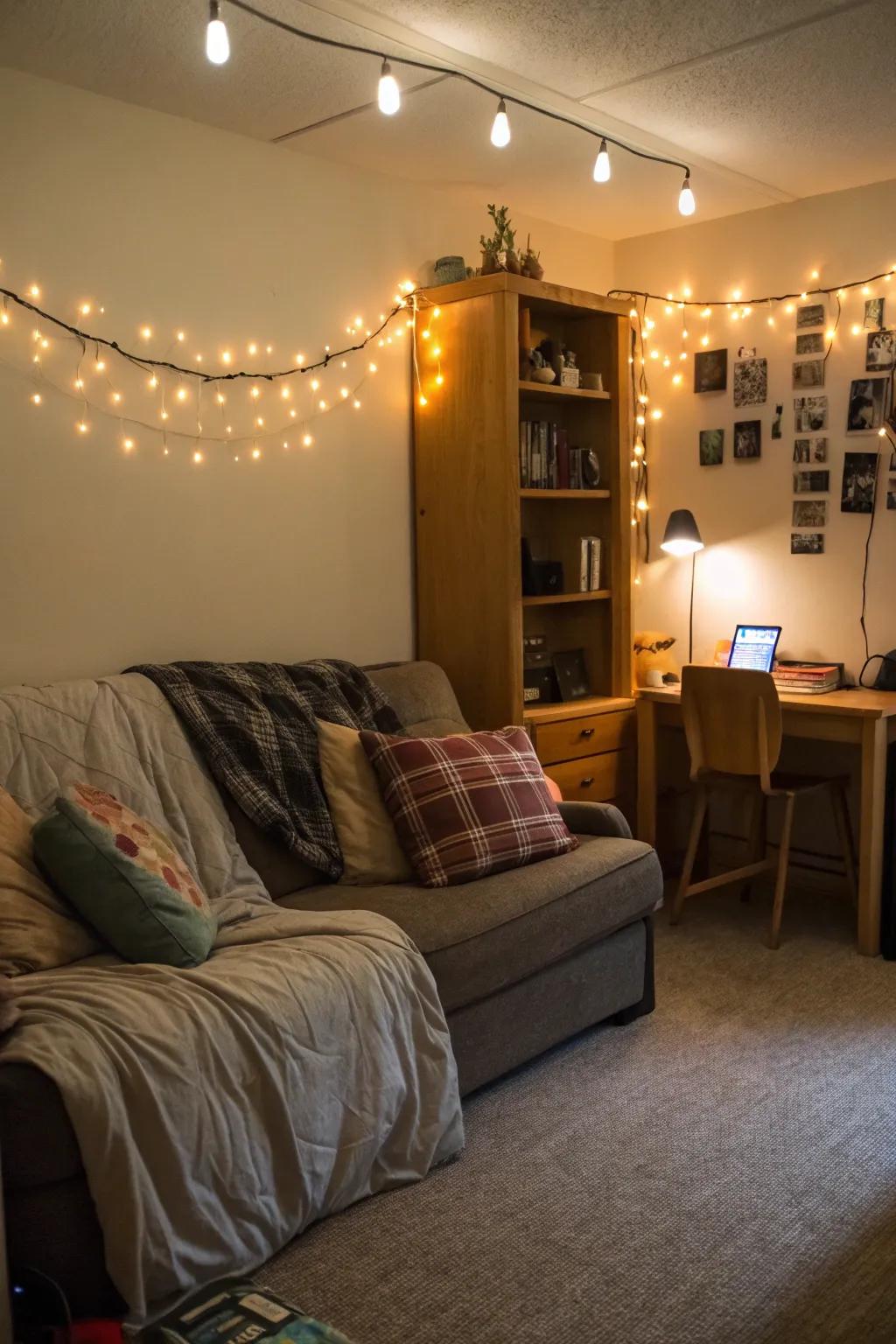 Warm lighting enhances the ambiance surrounding the sofa in this dorm room.