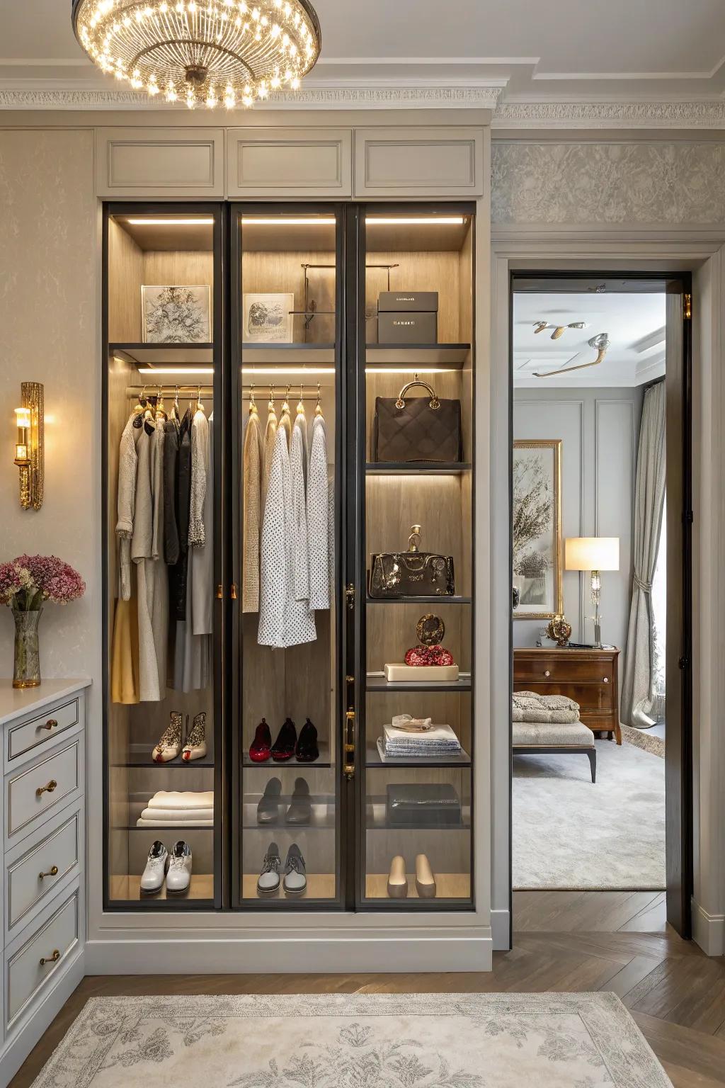Glass doors give a double closet a sophisticated display feel.