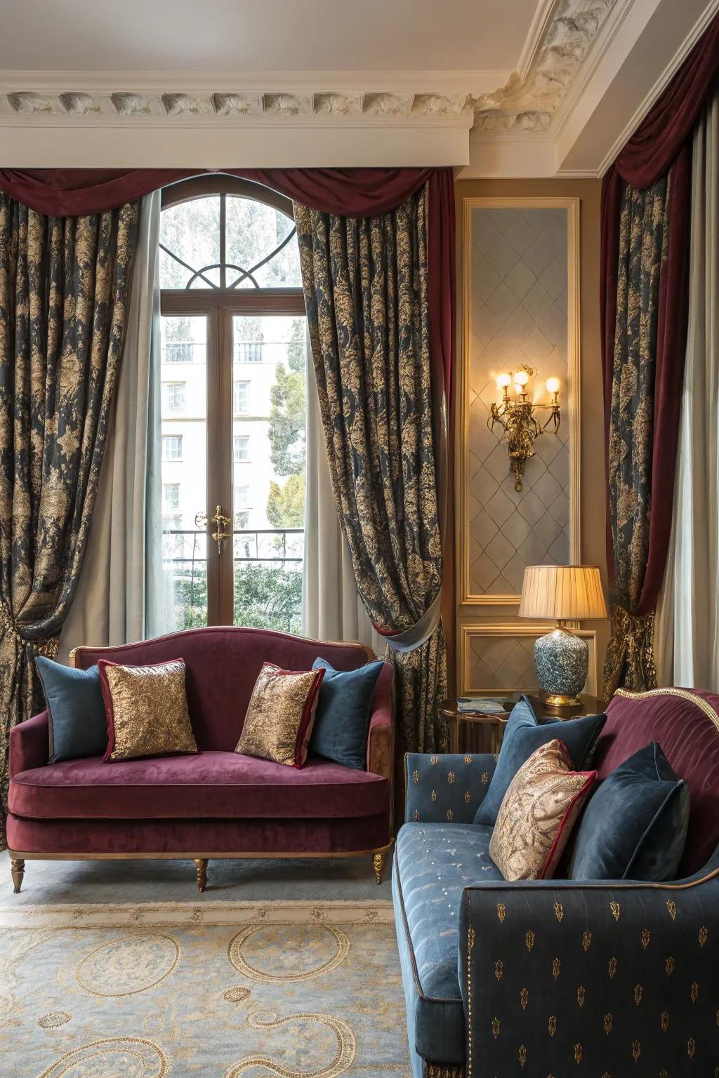 Soft fabrics and designs add a luxurious touch to the room.